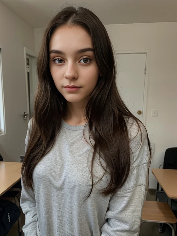 A 25-year-old woman with a very natural face, thin lips, thin eyes, thin eyebrows, a thin nose, wears normal clothes for university. He takes a cute selfie in college