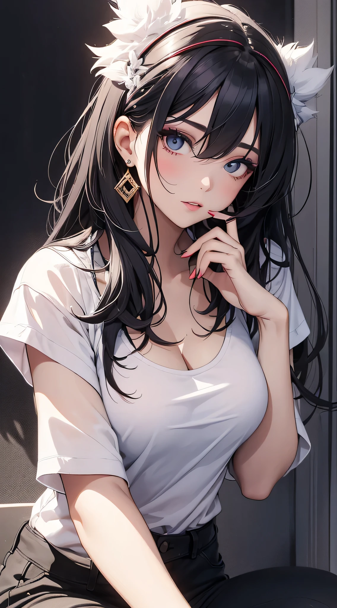 top-quality、Top image quality、masterpiece、 girl((White shirt、Long black trousers、18year old、 Ager、Best Bust、big bast,Black eyes, blue hairs、A slender,Large valleys、red lipstick makeup、Cute earrings、銀の腕時計、all-fours、Sit up、Eyeshadow that colors your eyes with a fascinating pose)),hiquality、Beautiful Art、Background with((white walls、Photography Studio))masterpiece、depth of fields,Camera Film Style