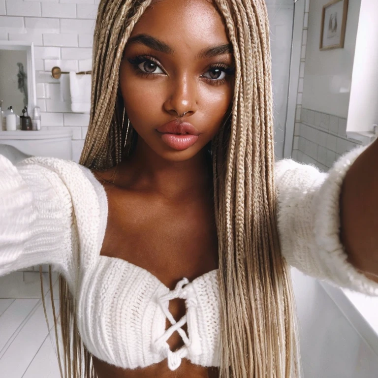 a beautiful brown girl taking a selfie in her (( white simplistic bathroom)) wearing a WHITE knitted top , ((CUTE POUT ))((trendy fashion top)) detailed pupils and big brown eyes, she has long BLONDE thin straight braids ,POV ((looking at the viewer)),16k.high res ,photorealistic