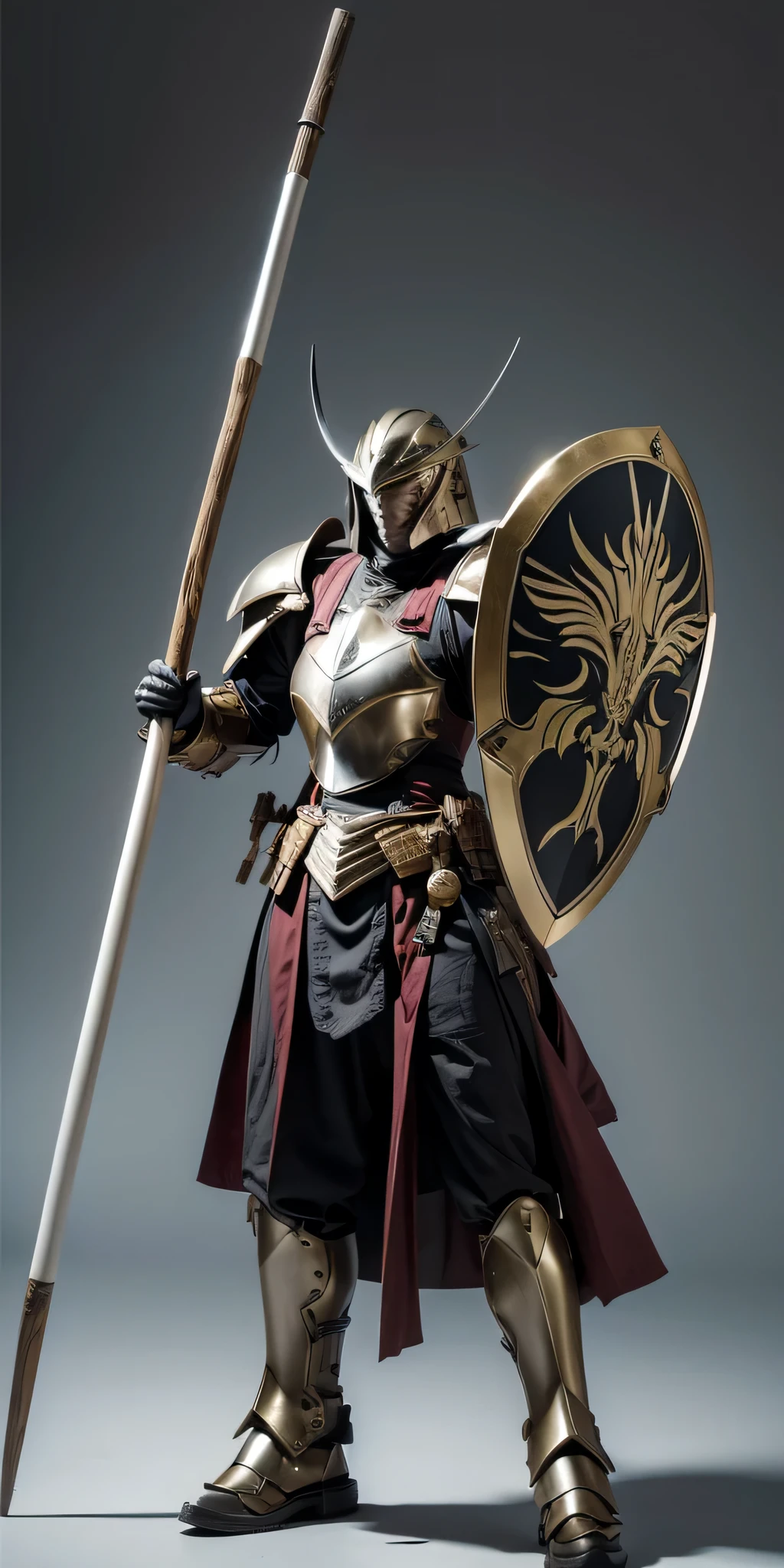 Wearing armor，Armed with a long stick、Male warrior with shield