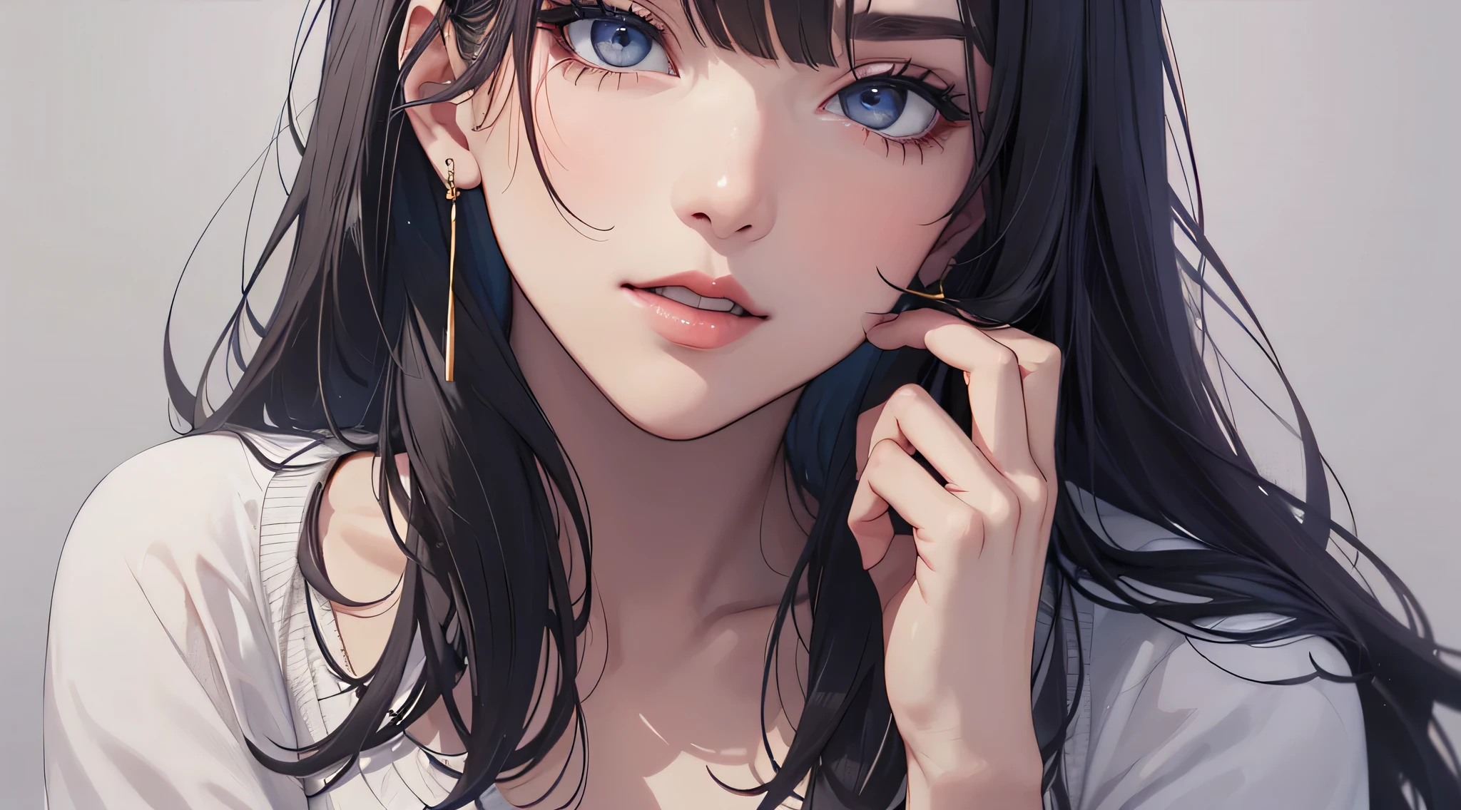 top-quality、Top image quality、​masterpiece、Teenage girl((White shirt、Long black trousers、18year old、 Ager、Best Bust、big bast,Black eyes, blue hairs、A slender,Large valleys、red lipstick makeup、Cute earrings、銀の腕時計、Bring your chest together、Sit up、Eyeshadow that colors your eyes with a fascinating pose)),hiquality、Beautiful Art、Background with((white walls、Photography Studio))​masterpiece、depth of fields,Camera Film Style