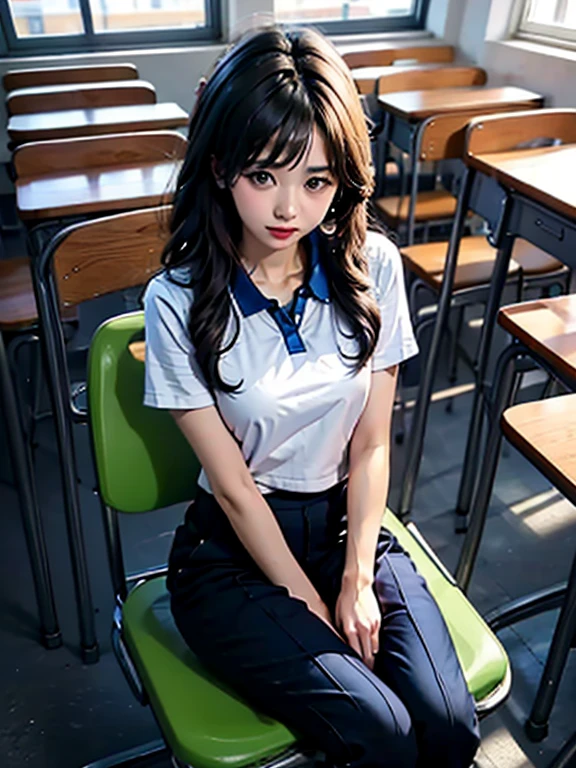 Single realistic high school girl squatting on podium，Spread her legs，revealing her panties, Flushed complexion, Hands Biye background classroom tongue sticking out high quality 4K full body Asian