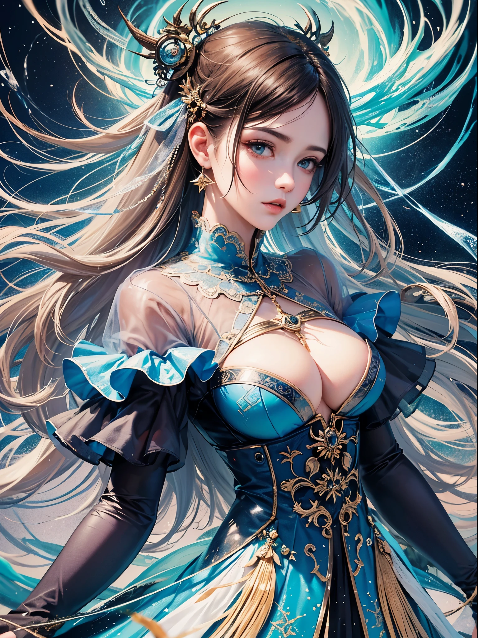 art, Unity 8k壁纸, Ultra-detailed, Beautiful and aesthetically pleasing, (s fractal art: 1.3), flower, girls, (Hairstyles: Long hair) Ocean, Extremely detailed, Cowboy shot, The most beautiful, Seafoam, Buble, cute big breasts, ultra quality, random background, random dress, --auto --s2