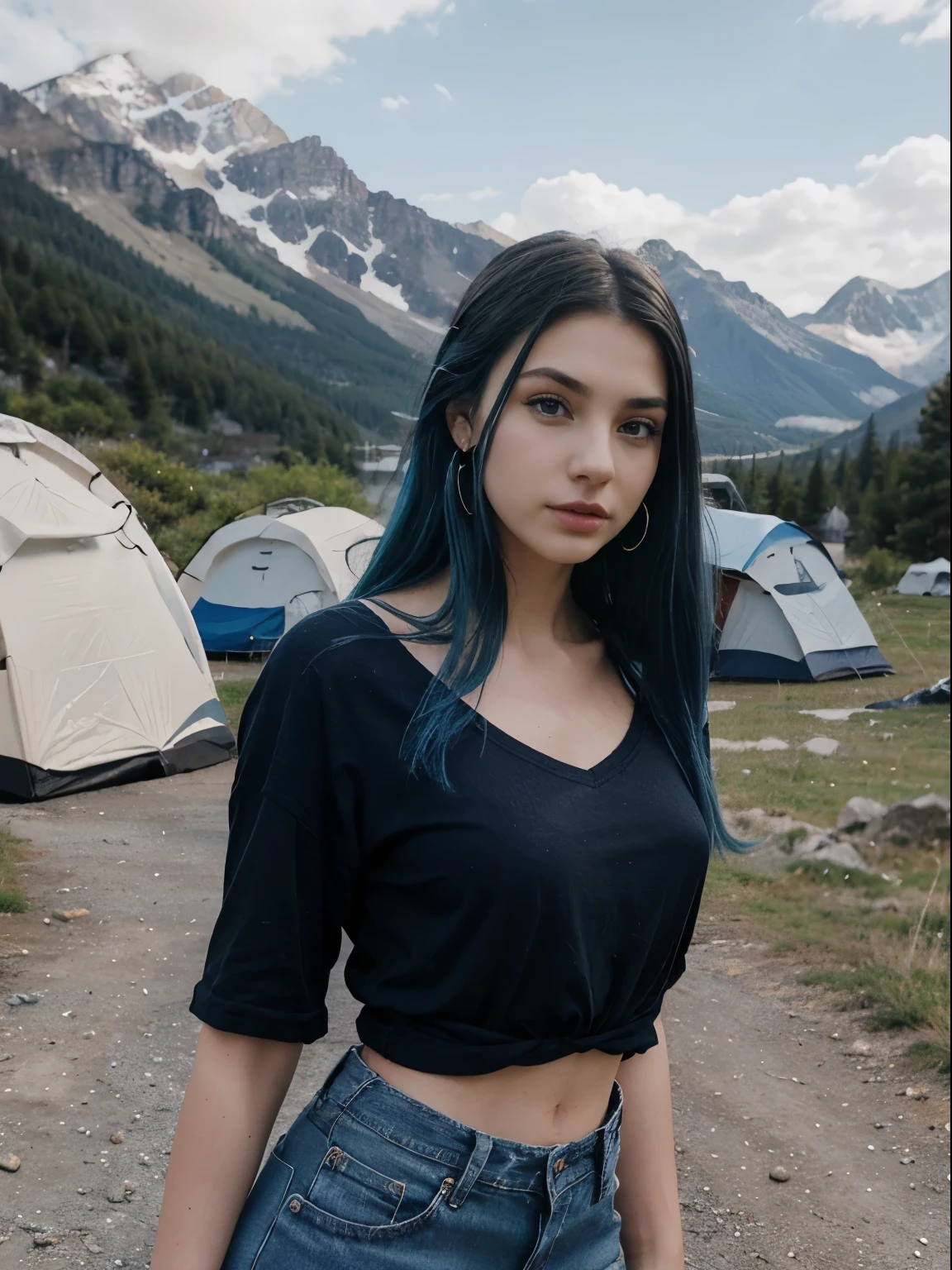 Photo of a 20 year old brunette woman, that has a very natural face, blue-haired girl, thin lips, thin blue eyes, thin eyebrows, thin nose, earrings, long eyelashes. Black tshirt, blue jeans short, mountains and camps in background,