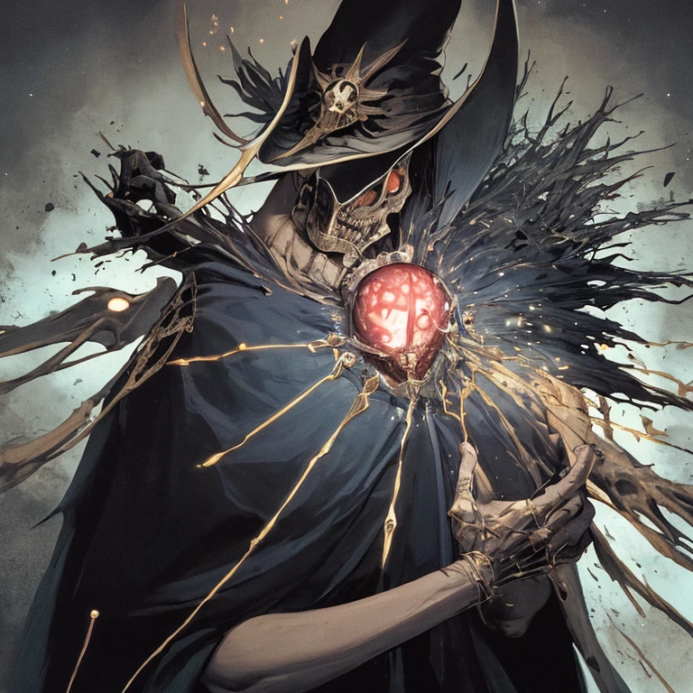 skull mask wizard attacking a human ,inflict wounds spell magic sectumsempra illustration of a spell card, close up onto a wound being open on human skin via dark magic energy necromancer magic spell skill
