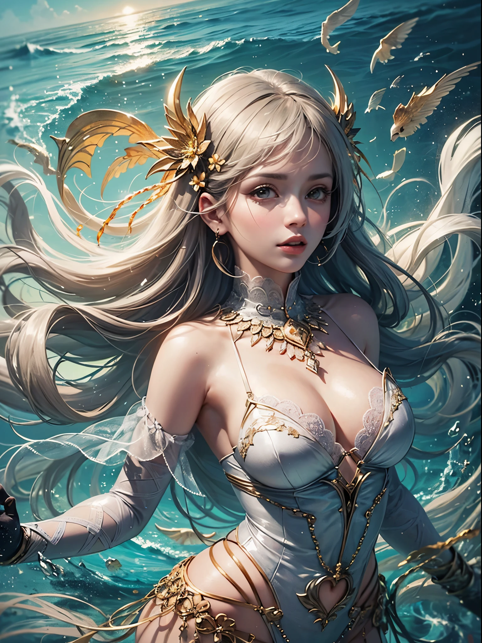 art, Unity 8k壁纸, Ultra-detailed, Beautiful and aesthetically pleasing, (s fractal art: 1.3), flower, girls, (Hairstyles: Long hair) Ocean, Extremely detailed, Cowboy shot, The most beautiful, Seafoam, Buble, cute big breasts, ultra quality, random background, random dress, --auto --s2
