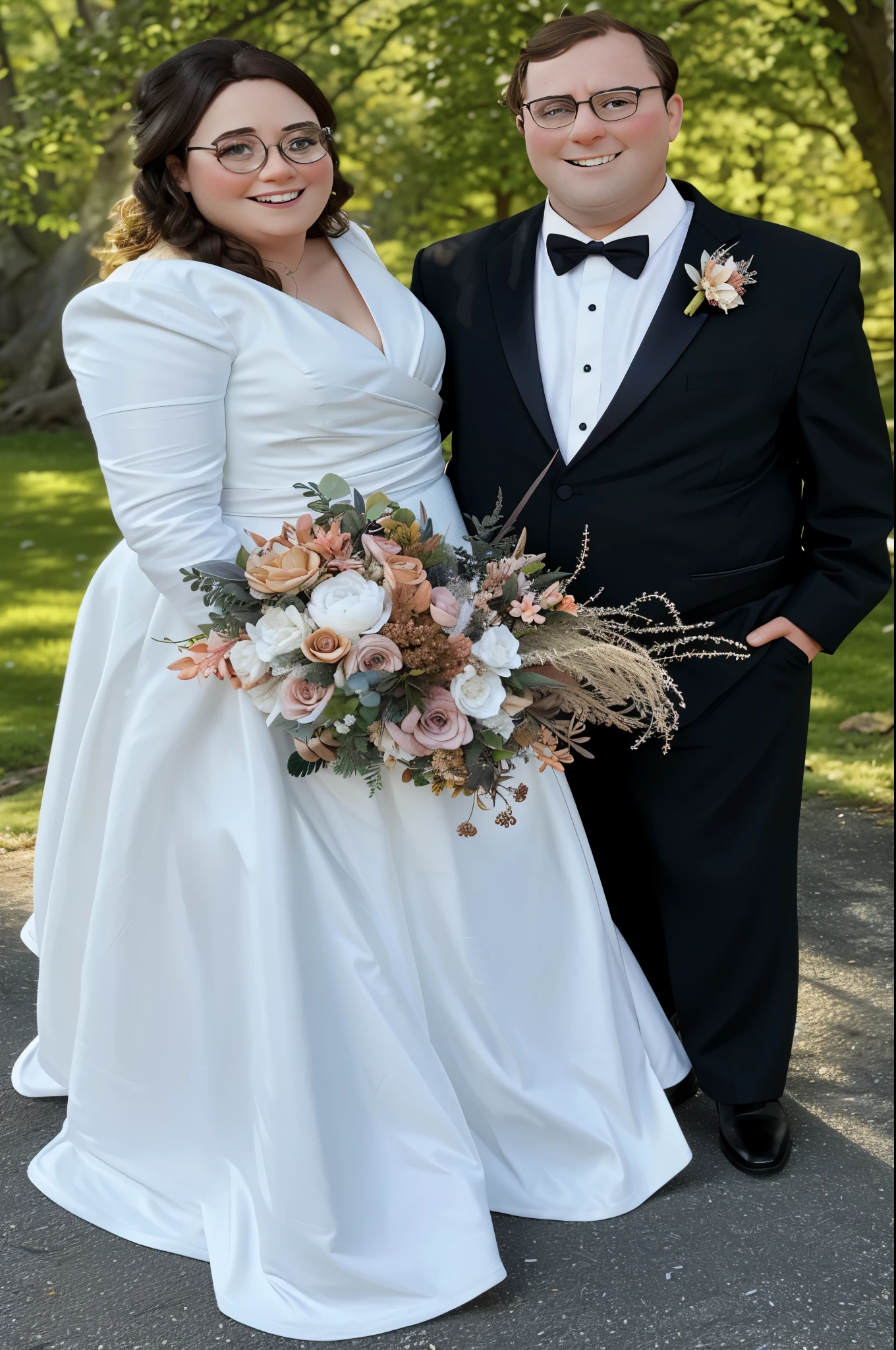 Wedding couple, inspired by Pixar, HD , 4k , magic , love , standing in front of beautiful forest , bride is slightly chunky, bride wearing long sleeve wedding dress , bride has extra long black hair, bride has nothing in hair , bride wearing round pink glasses , bride holding flower bouquet , groom is slightly chunky, groom has light brown hair, groom wearing browline glasses , groom wearing black tuxedo with bow tie