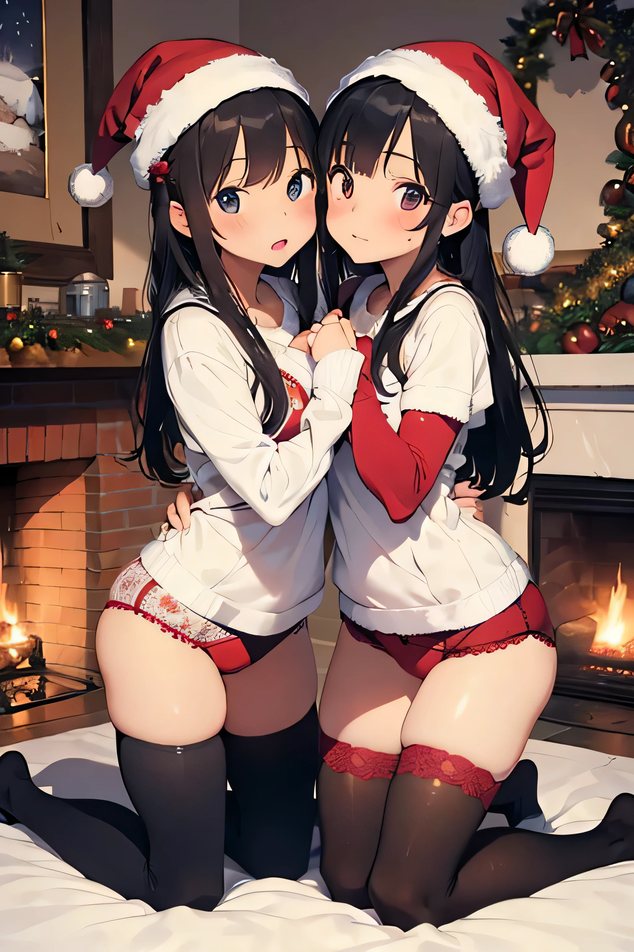 2girls kissing, gorgeous, lovely, perfect face, puffy lips,
Christmas home background, fireplace background, warm blanket, Christmas hat, underwear, lace underwear, hugging, kneeling, thigh socks, garterbelts,