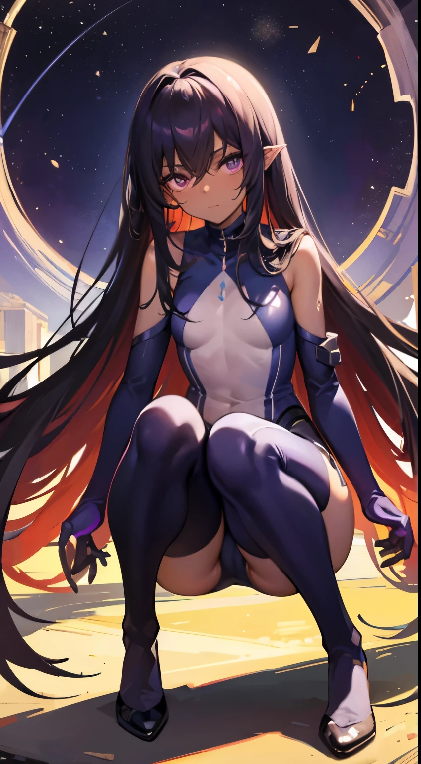 (tmasterpiece, Best quality at best), (Dark skin), Pretty girl's face, (Gamine: 1.2), Show on the, crouched, , ((Carmelto: 1.3)), ligne, one-girl, tightsuit裤, Dentate skin, mills, the night, Purple light, silber hair, a purple eye, small, flatchest, Petanko, tightsuit, (magnificent panorama view: 1.2), stuffed, see through, (sweaty), dynamic angle, (high legs: 1.2)