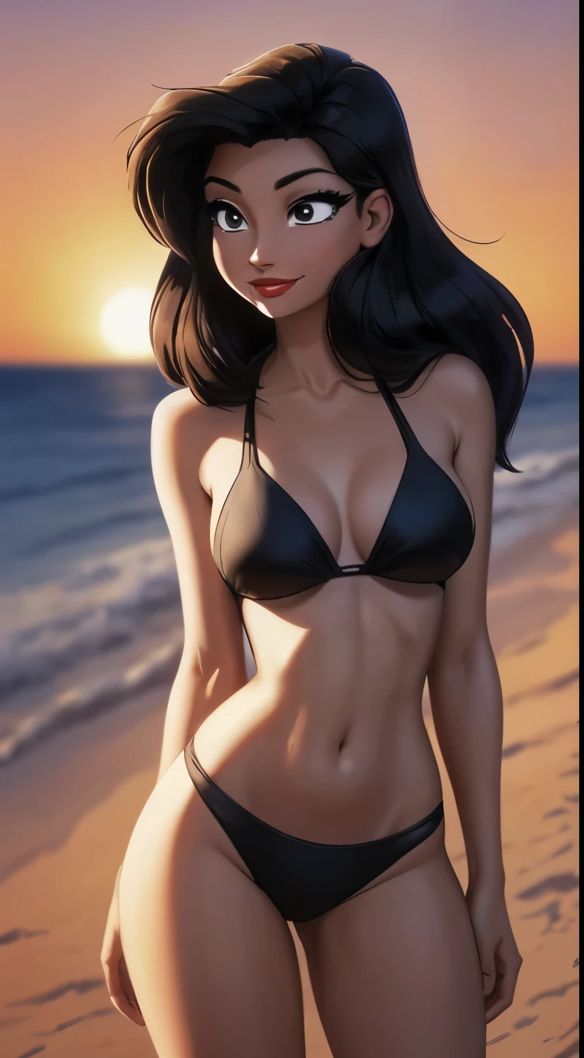 ((ultra quality)), ((tmasterpiece)), beautiful swarthy girl, (80s style), (retrowave), ((Black, long straight hair)), (Beautiful cute face), (beautiful female lips), Charming, ((sexy facial expression)), looking at the camera smiling softly, eyes slightly open, (Dark skin color), Body glare, ((detailed beautiful female eyes)), ((Black глаза глаза)), (juicy female lips), (red lipstick on the lips, black eyeliner), (beautiful female hands), ((perfect female figure)), perfect female body, Beautiful waist, Gorgeous hips, Beautiful medium breasts, ((Subtle and beautiful)), seductively worth it (closeup face), (Sexy black bikini) background: beach 70-80&#39;s, seaside, Pink sunset, ((Depth of field)), ((high quality clear image)), (crisp details), ((higly detailed)), Realistic, Professional Photo Session, ((Clear Focus)), the anime