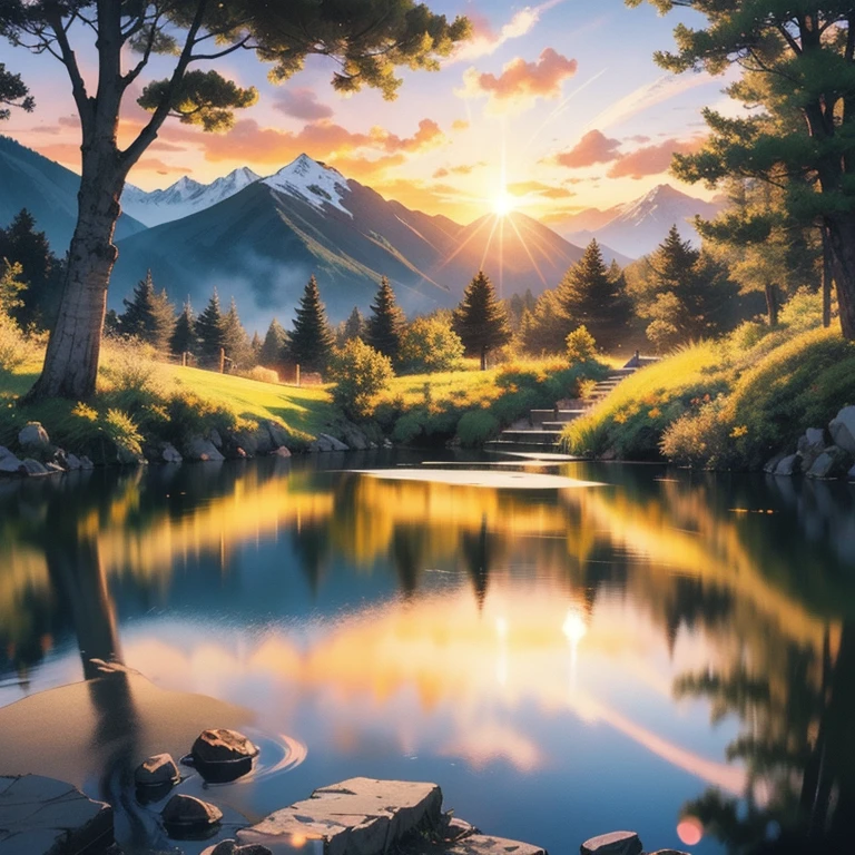 1 girl, happy expression, charming eyes, straight long hair, flowing skirt, big, looking at the sun, calm posture, porcelain-like skin, subtle blush, crystal pendant BREAK Golden Hour, (edge lighting): 1.2, cool colors, sun flare, soft shadows, bright colors, painting effects, fantastic atmosphere BREAK Scenic lakes, distant mountains, pine trees, mountain tops, reflections, sunlit clouds, tranquil atmosphere, idyllic sunrise, Ultra detailed, official art, unified 8k wallpapers, zentangle, mandala