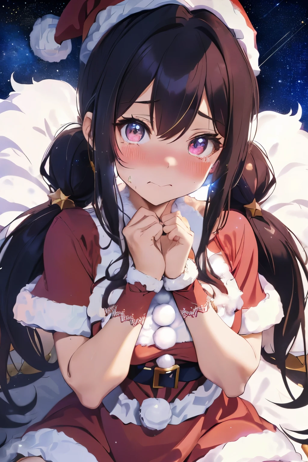 (Shiny navy hair),(Fluffy twin tails with curls:1.2),(Light pink eyes),(With bangs),Slight red tide,(Embarrassed face:1.25),(Fluffy and luxurious Santa costume like a dress:1.4),(Santa costume style maid outfit:1.45),(place々clothes with lace:1.3),(Long boots with pin heels),(A night when the moon shines beautifully),(Holy Night),(Snow is piled up),(Colorful and beautiful Christmas illuminations),(Gorgeous Christmas Tree),(🎄),(They're having a good time.:1.25),(A fluffy and fluffy cape is draped over his shoulders.),(lots of christmas presents:1.3),(close up of face:1.5),(Eye size:1.7),(Inside your eyes are shining like stars:1.65),(nsfw:1.3),