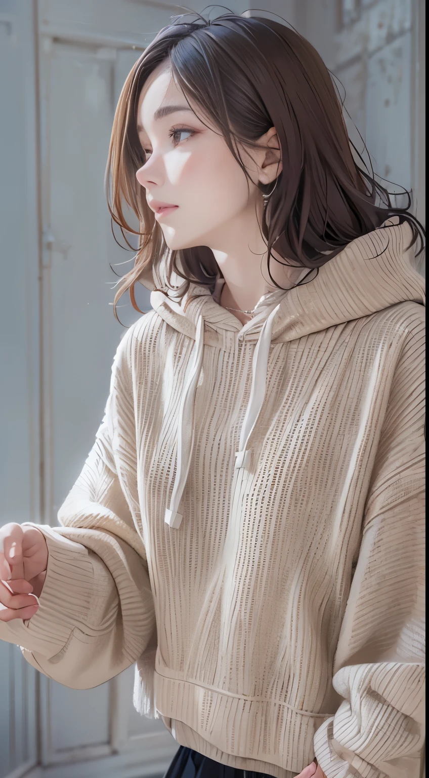 one girls、cute  face、parfect anatomy、knit hoodie、Clothing in calm colors、long  skirt、Longhaire、Hairpin、top-quality、ultra-detailliert、masuter piece、８ｋ、50ｍｍlens、Professional Photographer