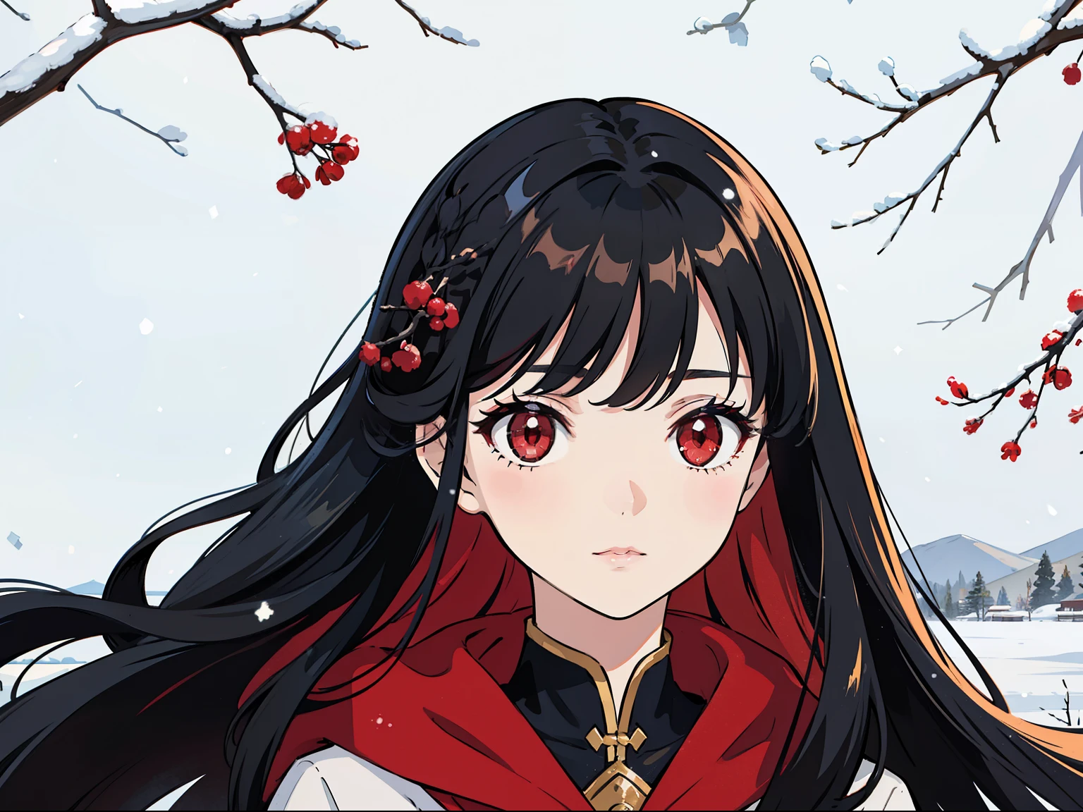1girl,solo,black hair,long hair,red locks,red eyes,((snowing, branch)),portrait