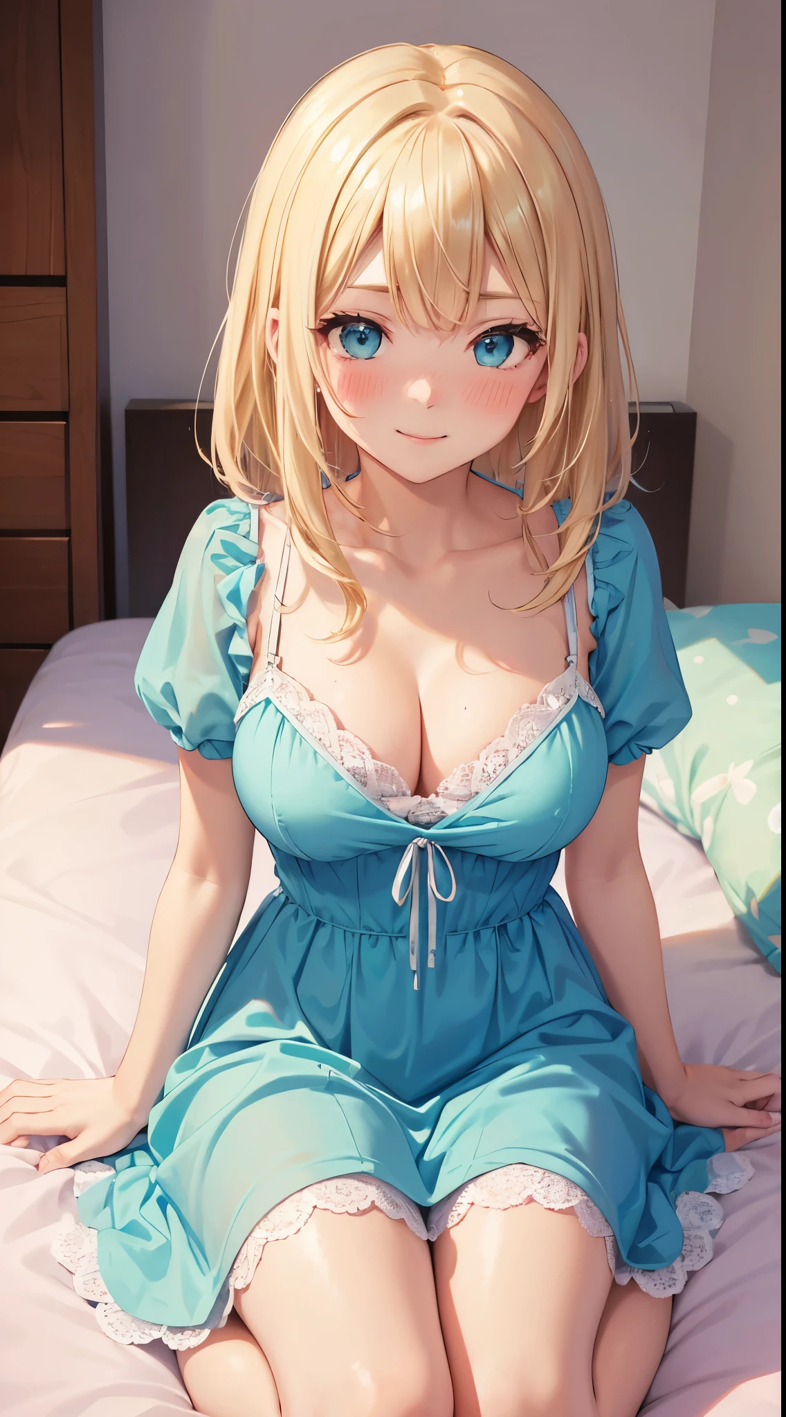 masutepiece, Best Quality, 1 girl, Olivia, Blonde hair, aqua eyes, Medium Hair, blue dress with white lace, medium breasts, blush, lightsmile, Sexual arousal, nose blush