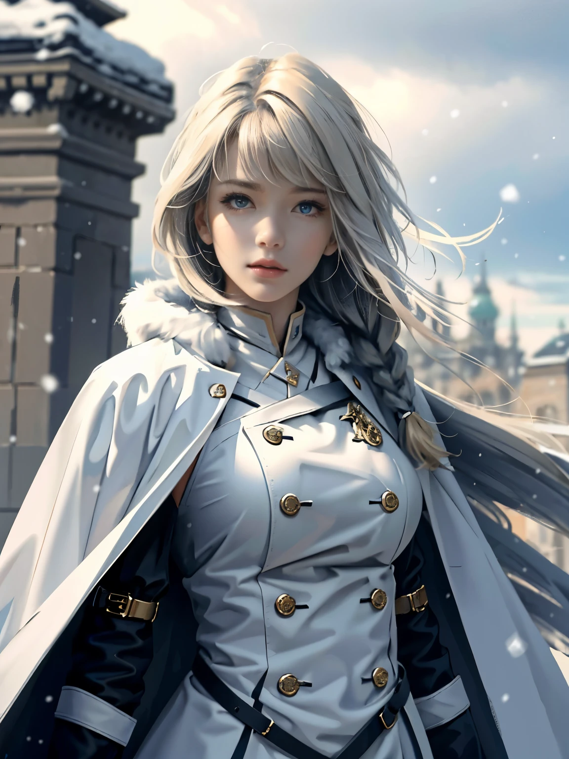 (highest resolution, distinct_image) Best quality, single person, one girl, solo, masterpiece, highly detailed, realistic, long hair, braided white blond hair, bangs, blue military uniform, depth of field, outdoor background, falling snow, ((big breasts)), authoritative, dignified, calm and powerful expression, ambient lighting, exquisite facial features, fur trimmed white coat, open coat, looking at viewer, head to waist, in a terrace of a monumental building, (((front bangs))), dynamic angle, from front