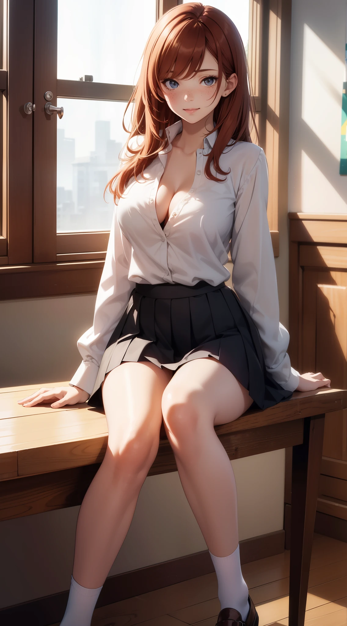 1girl, natural lighting, masterpiece, highly detailed, illustration, game CG, absurdres, high quality, medium breasts, redhead, lightly curled hair, freckles, glossy lips, looking at viewer, smirk, wood floor, white blouse, cleavage, short black pleated miniskirt, school uniform, sitting, (knees bent:1.3)