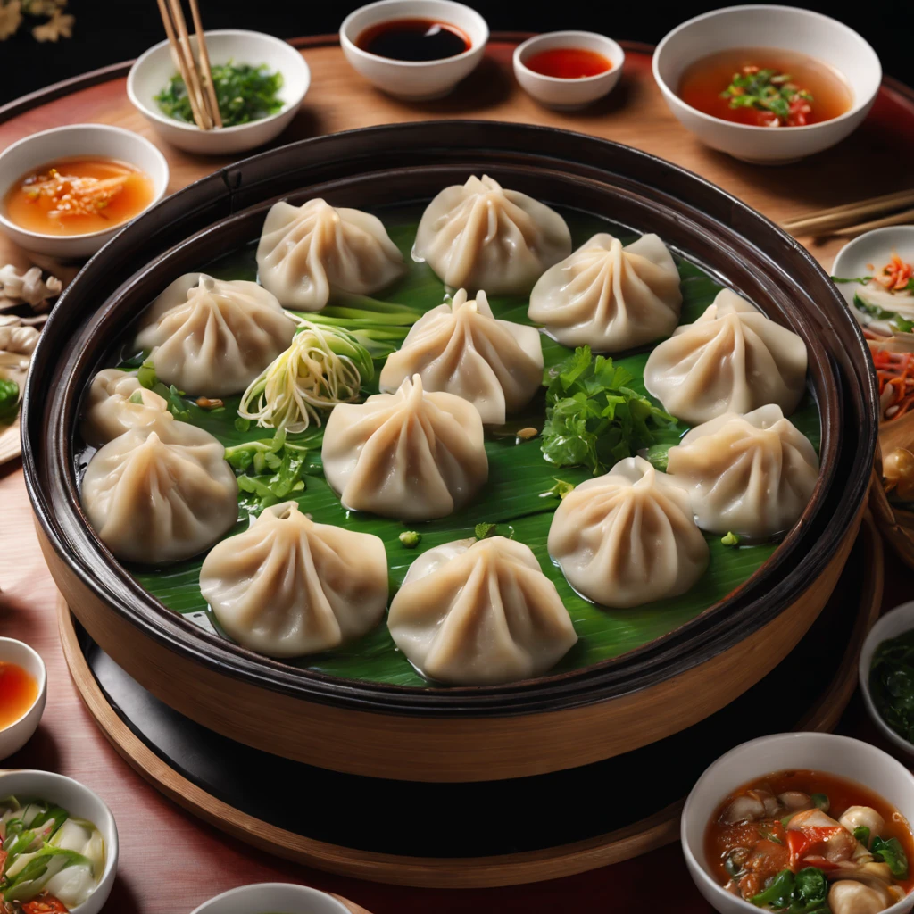 (best quality,4k,8k,highres,masterpiece:1.2),ultra-detailed,(realistic,photorealistic,photo-realistic:1.37),traditional Chinese cuisine,steamed dumplings,hotpot,delicious dumplings,ethnic Chinese dish,dumplings in a hot pot,plentiful dumplings,beautifully presented dish,authentic Chinese flavors,aromatic dipping sauce,sizzling hot broth,steaming dumplings,freshly made dough,flavorful fillings,vibrant greens,dumplings floating in the broth,richly seasoned,hearty meal,abundance of ingredients,exquisite dumpling wrappers,carefully crafted dumplings,meticulously prepared dish,delicate dumpling folds,variety of dipping sauces,gourmet dining experience,traditional Chinese cooking methods,sizzling sound of the hot pot,satisfyingly warm,comforting aromas of the broth,mouthwatering display of dumplings,scrumptious feast for the eyes,celebrating Chinese culinary traditions,culinary masterpiece.