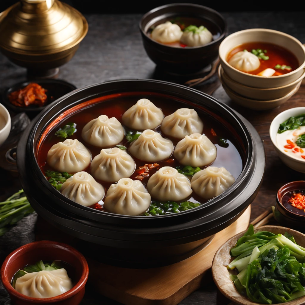 (best quality,4k,8k,highres,masterpiece:1.2),ultra-detailed,(realistic,photorealistic,photo-realistic:1.37),traditional Chinese cuisine,steamed dumplings,hotpot,delicious dumplings,ethnic Chinese dish,dumplings in a hot pot,plentiful dumplings,beautifully presented dish,authentic Chinese flavors,aromatic dipping sauce,sizzling hot broth,steaming dumplings,freshly made dough,flavorful fillings,vibrant greens,dumplings floating in the broth,richly seasoned,hearty meal,abundance of ingredients,exquisite dumpling wrappers,carefully crafted dumplings,meticulously prepared dish,delicate dumpling folds,variety of dipping sauces,gourmet dining experience,traditional Chinese cooking methods,sizzling sound of the hot pot,satisfyingly warm,comforting aromas of the broth,mouthwatering display of dumplings,scrumptious feast for the eyes,celebrating Chinese culinary traditions,culinary masterpiece.