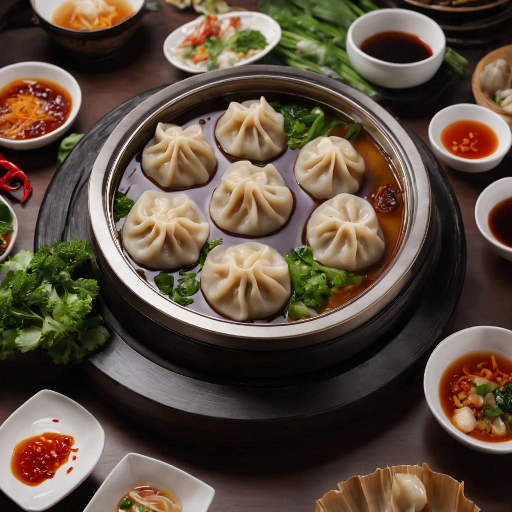 (best quality,4k,8k,highres,masterpiece:1.2),ultra-detailed,(realistic,photorealistic,photo-realistic:1.37),traditional Chinese cuisine,steamed dumplings,hotpot,delicious dumplings,ethnic Chinese dish,dumplings in a hot pot,plentiful dumplings,beautifully presented dish,authentic Chinese flavors,aromatic dipping sauce,sizzling hot broth,steaming dumplings,freshly made dough,flavorful fillings,vibrant greens,dumplings floating in the broth,richly seasoned,hearty meal,abundance of ingredients,exquisite dumpling wrappers,carefully crafted dumplings,meticulously prepared dish,delicate dumpling folds,variety of dipping sauces,gourmet dining experience,traditional Chinese cooking methods,sizzling sound of the hot pot,satisfyingly warm,comforting aromas of the broth,mouthwatering display of dumplings,scrumptious feast for the eyes,celebrating Chinese culinary traditions,culinary masterpiece.