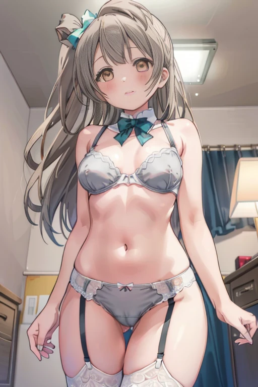 (((pixel perfect, Detail Perfect))), Solo, 1girl in, Minami Kotori, Looking at Viewer, blush, Erotic face,Show Viewer, From below, Focus, Beyond the particles of light, Love hotel bedroom, Grey bra,Gray garter belt,Gray underwear,gray tight chest,all-fours