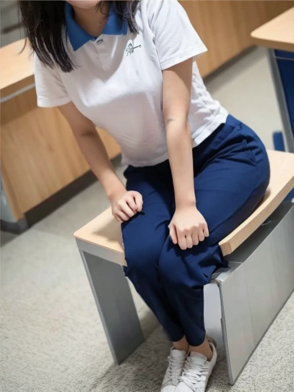 Best quality, Masterpiece, 超高分辨率, Photorealistic, The class was full of 13-year-old junior high school girlully body photo,Close-up of the crotch,Mushroom hairstyle,Black hair refracted by light,exquisite and beautiful face,Manifestations of urgency to urination,Busty girl,Blue collar white tights,The E cup sticks out tightly(),Vacuum-loaded,((Light blue yoga pants)),Cystocele,The shape is visible,slightly thicker thighs,Legs crossed tightly,(((The school forced all girls to hold their urine for 2400 ml for 24 hours))),Sit obediently in a chair in the classroom