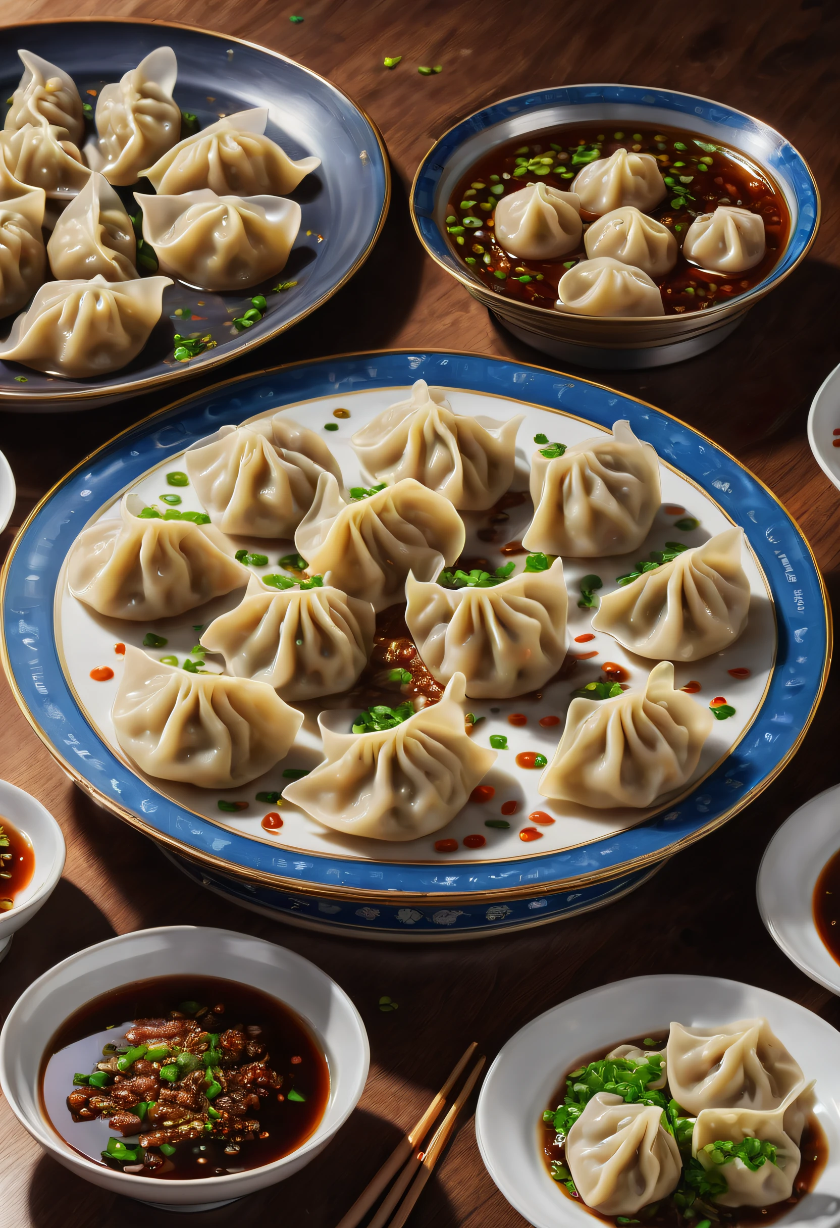 Advanced food factory，droid，(A plate of dumplings, New Moon:1.8)，A breath of the future，droid，Otaka，Silver metal body，Flashing blue LED light，human-like dexterity，Precise，The Arm，Equipped with，precision tools，sensor，大Travagliadompling wrapperillings，Skillful，place filling，Precise的动作，perfect fold background，conveyor，Shipping fresh dumpling wrappers，Get materials，Put the wrapped dumplings in，large steamer，blueglow，Steamed dumplings gourmet atmosphere，droid，Travagliado，High efficiency，factory wall，Display Data，Schematic diagram，Monitor production process，nooks，large screens，展示droid设计，Travagliado流程，Demonstrate technology，Innovative，（Best quality，k hd，tmasterpiece，ultra - detailed，1.4x more realism，超k hd，Super fine oil painting，Focus sharp，physically-based renderingt，Extremely detailed description，professional，vivd colour）