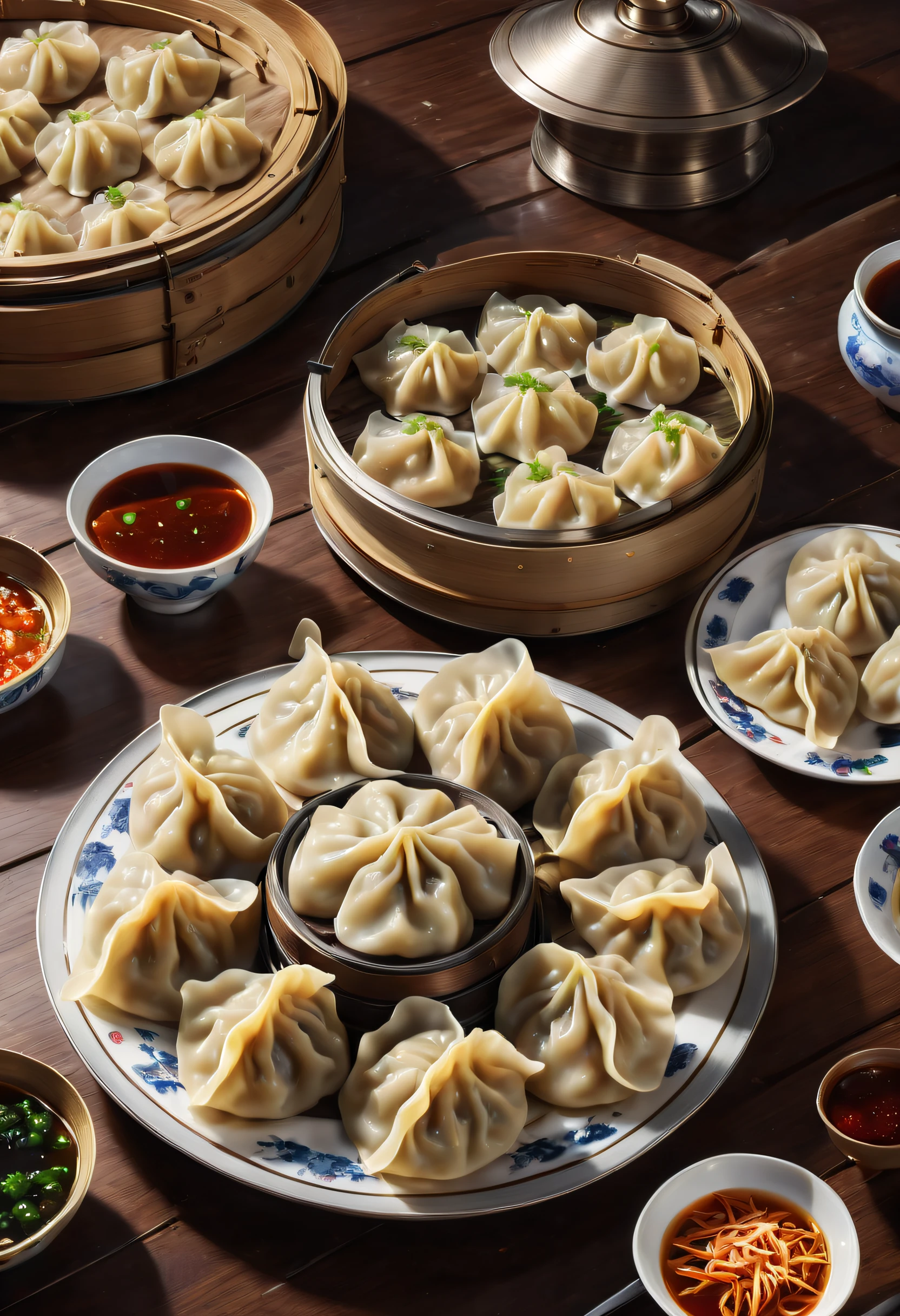 Advanced food factory,droid,(A plate of dumplings, New Moon:1.8),A breath of the future,droid,Otaka,Silver metal body,Flashing blue LED light,human-like dexterity,Precise,The Arm,Equipped with,precision tools,sensor,大Travagliadompling wrapperillings,Skillful,place filling,Precise的动作,perfect fold background,conveyor,Shipping fresh dumpling wrappers,Get materials,Put the wrapped dumplings in,large steamer,blueglow,Steamed dumplings gourmet atmosphere,droid,Travagliado,High efficiency,factory wall,Display Data,Schematic diagram,Monitor production process,nooks,large screens,展示droid设计,Travagliado流程,Demonstrate technology,Innovative,(Best quality,k hd,tmasterpiece,ultra - detailed,1.4x more realism,超k hd,Super fine oil painting,Focus sharp,physically-based renderingt,Extremely detailed description,professional,vivd colour)