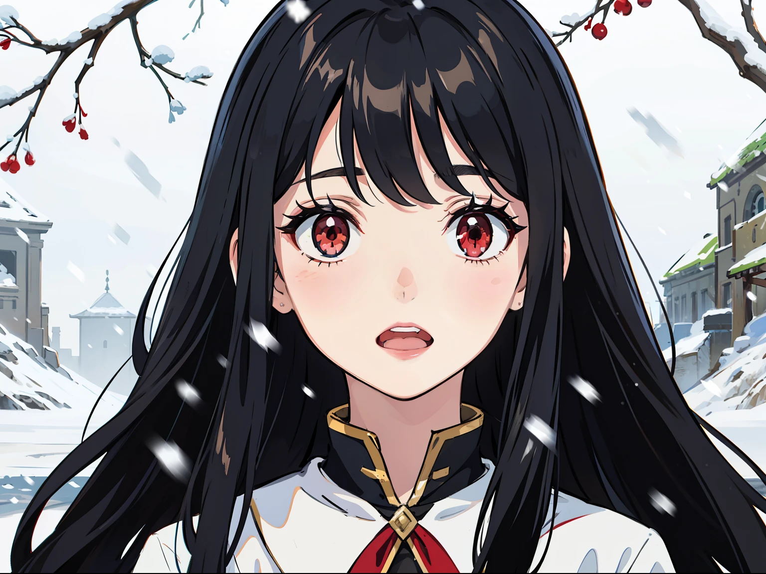 1girl,solo,black hair,long hair,red eyes,((snowing, branch)),portrait,open mouth