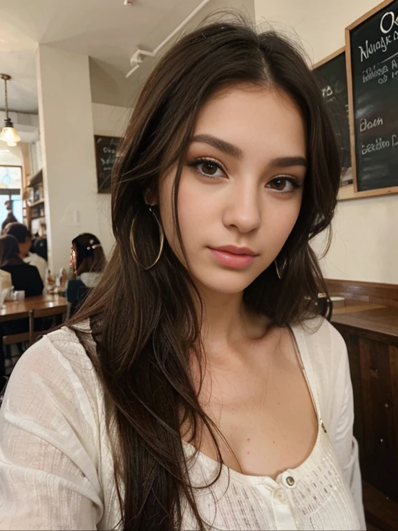 Photo of a 20 year old brunette woman, that  has a very natural face,  thin lips, thin eyes, thin eyebrows, thin nose, earrings, long eyelashes. She makes a cute selfie in a cafe