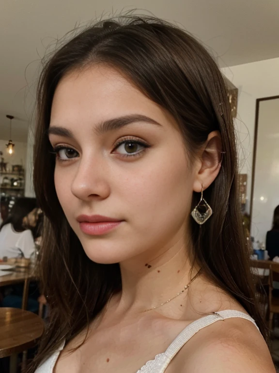 Photo of a 20 year old brunette woman, that has a very natural face, thin lips, thin eyes, thin eyebrows, thin nose, earrings, long eyelashes. She makes a cute selfie in a cafe