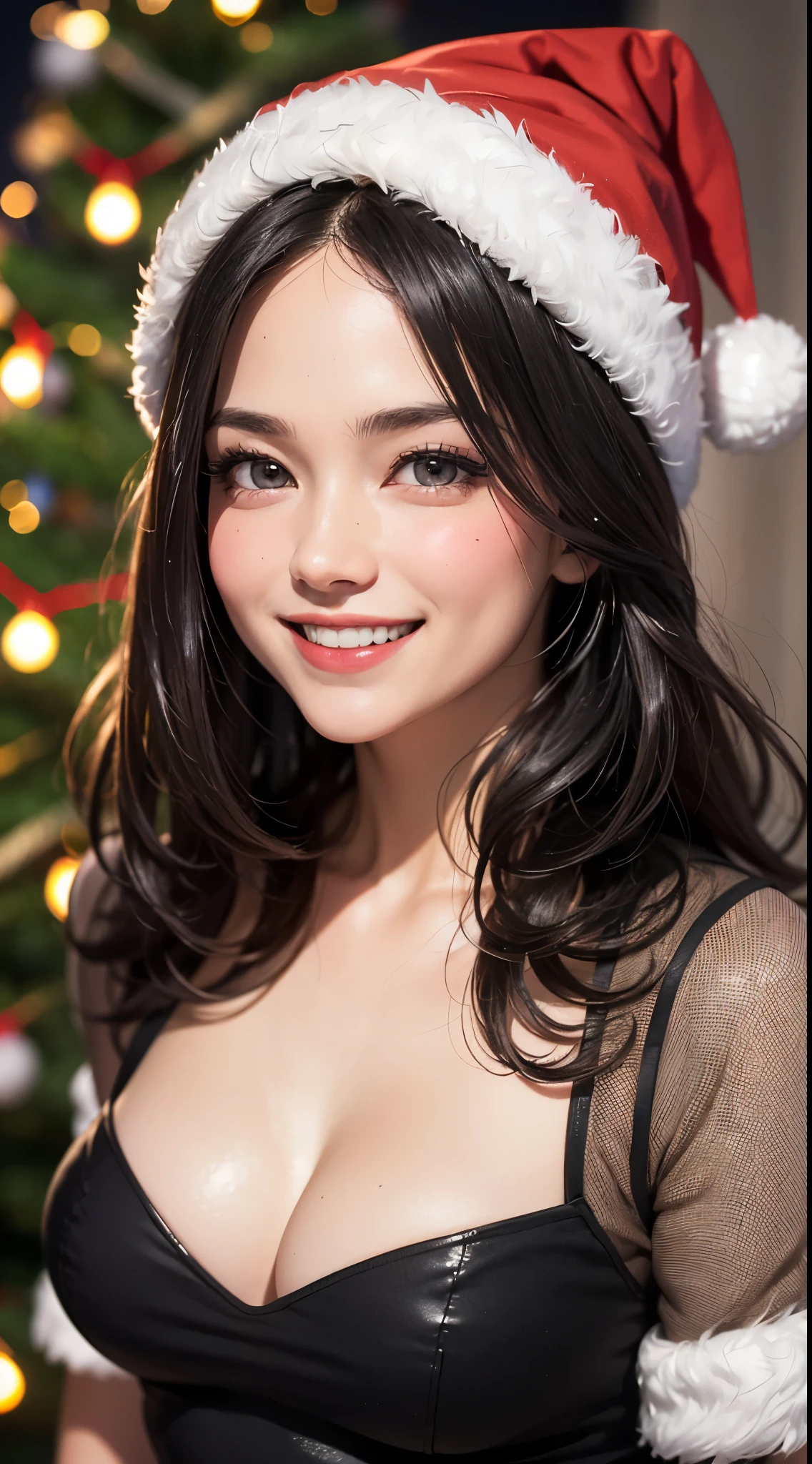 (UHD, retina, masterpiece, accurate, anatomically correct, textured skin, super detail, high details, high quality, best quality, high res, 1080P, HD, 4K, 8k, 16k), (beautiful detailed eyes, beautiful detailed lips, extremely detailed eyes and face), studio lighting, physically-based rendering, vivid colors, (large breasts, glamorous body), (santa hat), (portrait, shiny hair, shiny skin, blush, hair blowing in the wind), (candlelight, christmas tree, decorations, bokeh), eye reflection, jet black hair, (smile and laugh:1.5),