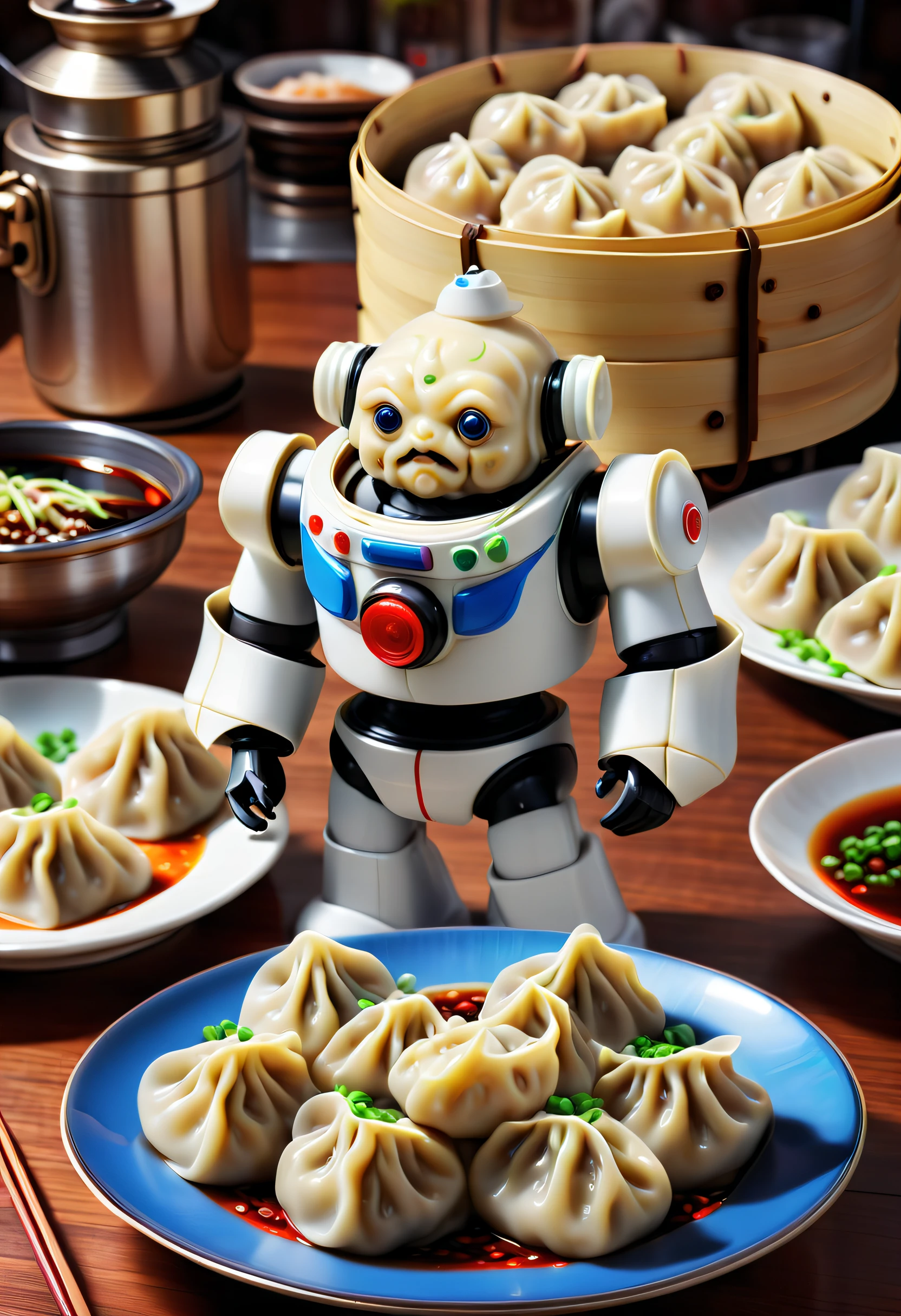 Advanced food factory,droid,(A plate of dumplings, New Moon:1.8),A breath of the future,droid,Otaka,Silver metal body,Flashing blue LED light,human-like dexterity,Precise,The Arm,Equipped with,precision tools,sensor,大Travagliadompling wrapperillings,Skillful,place filling,Precise的动作,perfect fold background,conveyor,Shipping fresh dumpling wrappers,Get materials,Put the wrapped dumplings in,large steamer,blueglow,Steamed dumplings gourmet atmosphere,droid,Travagliado,High efficiency,factory wall,Display Data,Schematic diagram,Monitor production process,nooks,large screens,展示droid设计,Travagliado流程,Demonstrate technology,Innovative,(Best quality,k hd,tmasterpiece,ultra - detailed,1.4x more realism,超k hd,Super fine oil painting,Focus sharp,physically-based renderingt,Extremely detailed description,professional,vivd colour)