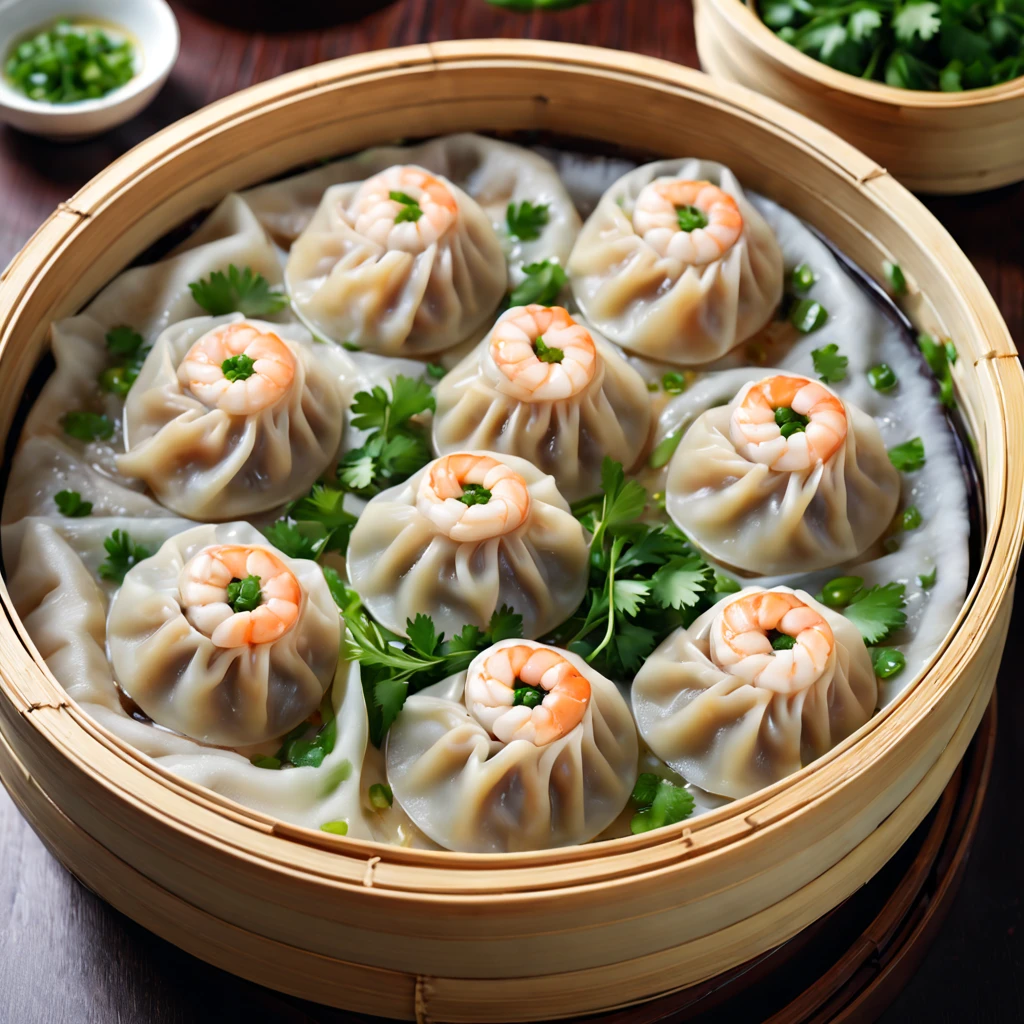 (a delicious plate of) steamed dumplings, (authentic Chinese cuisine:1.1), (plump and juicy fillings), (thin and tender dumpling skin), (meticulously handcrafted), (succulent pork and shrimp), (perfectly balanced flavors), (mouthwatering aroma), (beautifully garnished with fresh cilantro), (steaming hot on a bamboo steamer), (carefully arranged in a traditional pattern), (vibrant colors), (highly appetizing presentation), (best quality, 4k, highres:1.2), (realistic,photorealistic:1.37)