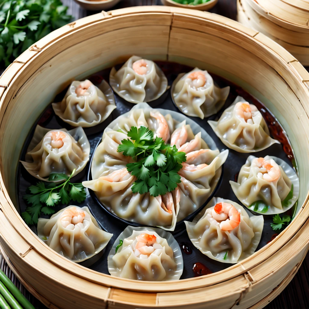 (a delicious plate of) steamed dumplings, (authentic Chinese cuisine:1.1), (plump and juicy fillings), (thin and tender dumpling skin), (meticulously handcrafted), (succulent pork and shrimp), (perfectly balanced flavors), (mouthwatering aroma), (beautifully garnished with fresh cilantro), (steaming hot on a bamboo steamer), (carefully arranged in a traditional pattern), (vibrant colors), (highly appetizing presentation), (best quality, 4k, highres:1.2), (realistic,photorealistic:1.37)