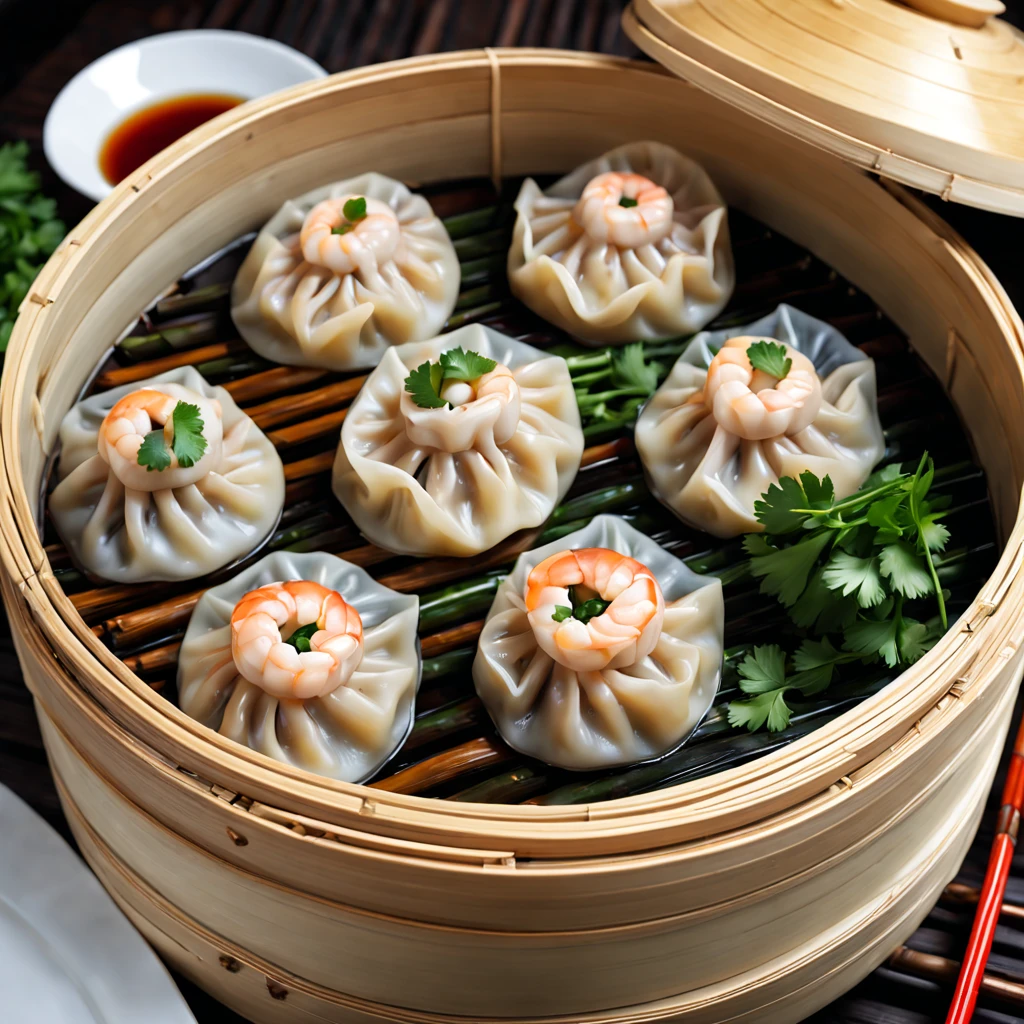 (a delicious plate of) steamed dumplings, (authentic Chinese cuisine:1.1), (plump and juicy fillings), (thin and tender dumpling skin), (meticulously handcrafted), (succulent pork and shrimp), (perfectly balanced flavors), (mouthwatering aroma), (beautifully garnished with fresh cilantro), (steaming hot on a bamboo steamer), (carefully arranged in a traditional pattern), (vibrant colors), (highly appetizing presentation), (best quality, 4k, highres:1.2), (realistic,photorealistic:1.37)