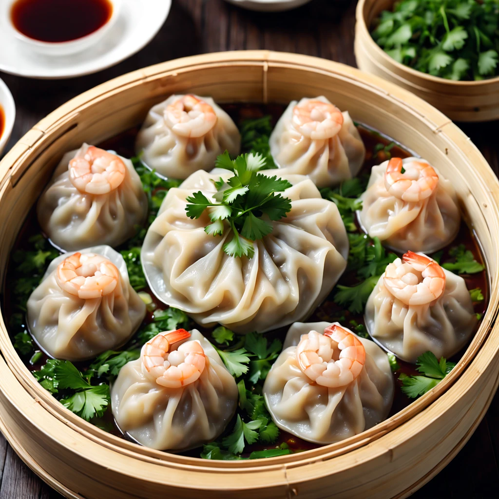 (a delicious plate of) steamed dumplings, (authentic Chinese cuisine:1.1), (plump and juicy fillings), (thin and tender dumpling skin), (meticulously handcrafted), (succulent pork and shrimp), (perfectly balanced flavors), (mouthwatering aroma), (beautifully garnished with fresh cilantro), (steaming hot on a bamboo steamer), (carefully arranged in a traditional pattern), (vibrant colors), (highly appetizing presentation), (best quality, 4k, highres:1.2), (realistic,photorealistic:1.37)
