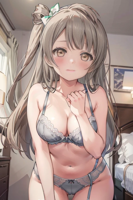 (((pixel perfect, Detail Perfect))), Solo, 1girl in, Minami Kotori, Looking at Viewer, blush, Erotic face，Show Viewer, From below, Focus, Beyond the particles of light, Love hotel bedroom, Grey bra，Gray garter belt，Gray underwear，gray tight chest，all-fours