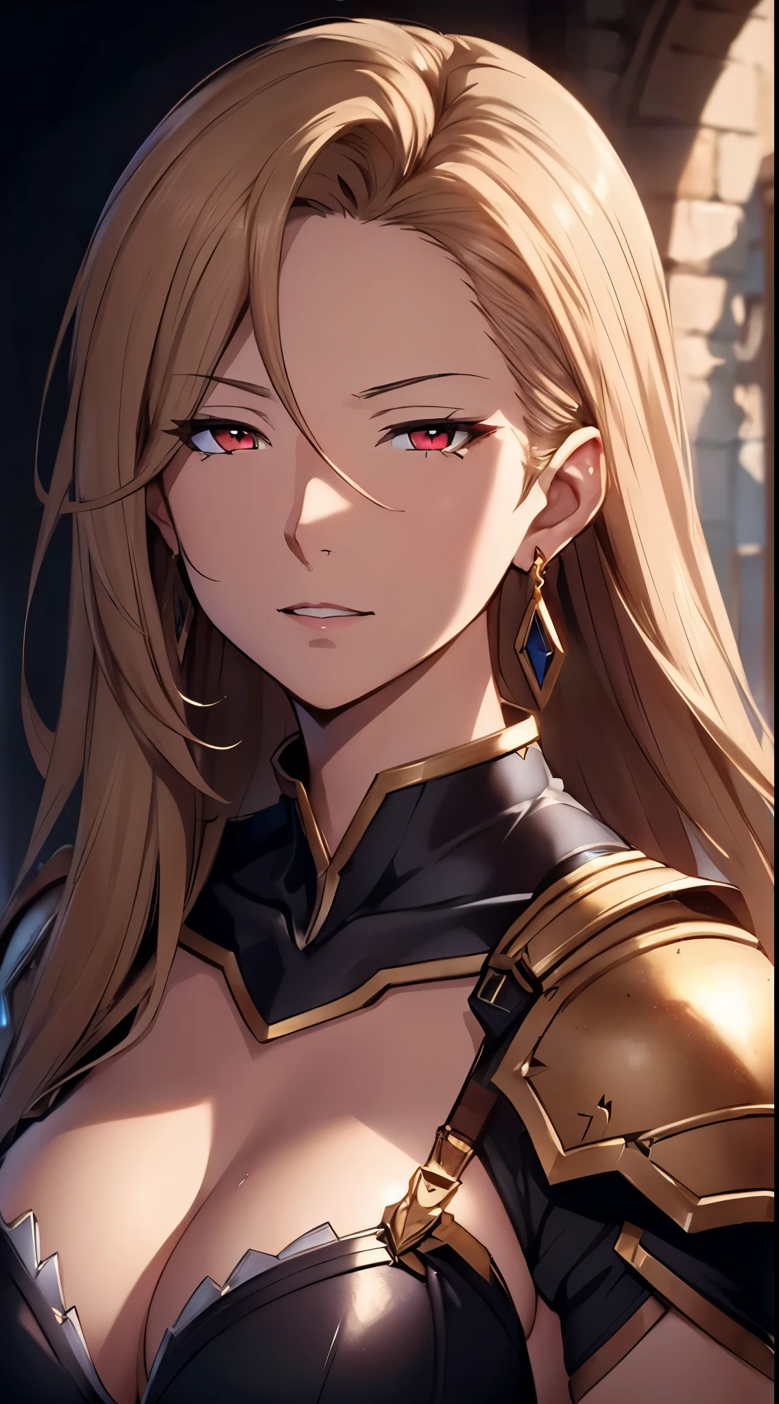 Extremely detail 8k cg, high resolution, shine, (katalina from granblue fantasy), elegant adult  woman, armor, shoulder armor, earrings, tortilla hair, red eyes, elegant portrait