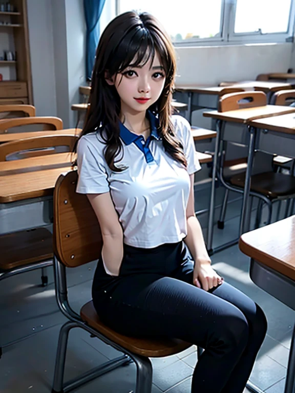 Best quality at best, tmasterpiece, 超高分辨率, realisticlying, The class is full of -yeld juschool girls takll body photos，Close-up of the crotch，Mushroom hairstyle，Black hair is folded by the light into a beautiful face，Symptoms of urgent urination，plump girl，Blue collar white pantyhose，The E cup sticks out tightly（），vacuum loading，（（Light blue yoga pants）），Cystocele，The shape is visible，slightly thicker thighs，Cross your legs tightly，（（（Schools force girls to abstain from 2400ml of urine for 24 hours））），Sit obediently on the chair in the classroom