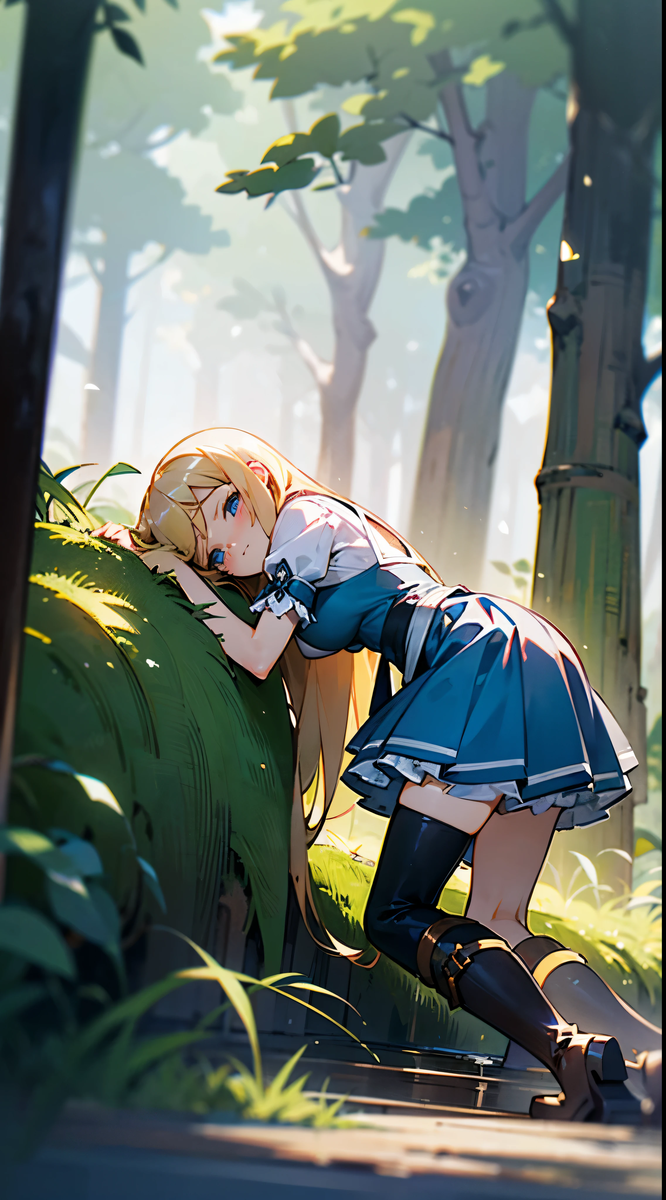 anime styled, The ultra -The high-definition, alice in the wonderland, Super cute girl, ((a blond:1.4)), ((long:1.4)), shame, Shyness is a shy smile, light blue fluttering short dress, frilldの付いた白いエプロンスカートを重ねる, frilld, A large white ribbon is tied behind the waist of the dress.. , B-cup breast, Light blue fluttering mini skirt, ハイソックスは爪先から太ももの半ばあたりまであるlongい白色のknee high, ((knee high:1.4)), and draw the full body, in the forest where bright sunlight shines through, Clothes are disheveled、Chest exposed, teatsが見えている, ((teats:1.4)), Her skirt is disarrayed and her crotch is visible.., 股のFemale genitalsが見えている, ((Female genitals:1.4)), pee, お漏らししてpeeが股から勢いよく出ている, Lying on the ground, lying on one's side, Urine excreted on the ground around the waist wets the ground.., ((pissing:1.5)), i&#39;Hold out your hand as if inviting me here, Looking here,  Please draw from a low angle.