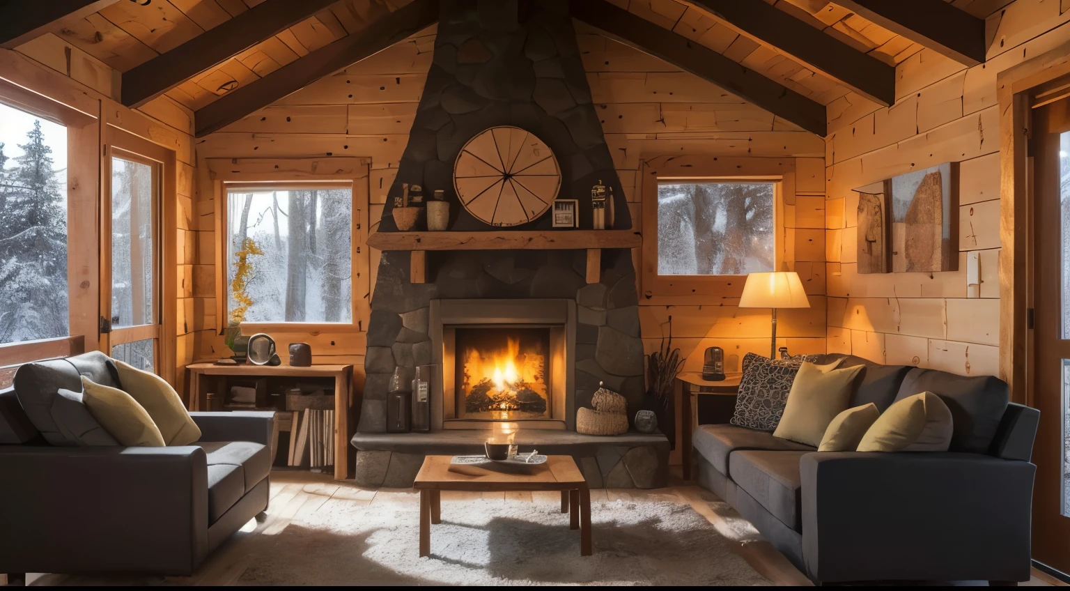 ((La mejor calidad)), ((Obra maestra)), (Detallado), Cara perfecta, chica de cabello azul sentada en el sofa frente a la chimenea, bebiendo una taza de cafe, en una noche de invierno, living room with wooden walls and decorated like a cabin in the forest