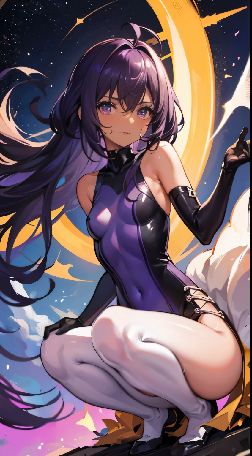 (tmasterpiece, Best quality at best), (Dark skin), Pretty girl's face, (Gamine: 1.2), Show on the, crouched, , ((Carmelto: 1.3)), ligne, one-girl, tightsuit裤, Dentate skin, mills, the night, Purple light, silber hair, a purple eye, small, flatchest, Petanko, tightsuit, (magnificent panorama view: 1.2), stuffed, see through, (sweaty), dynamic angle, (high legs: 1.2)