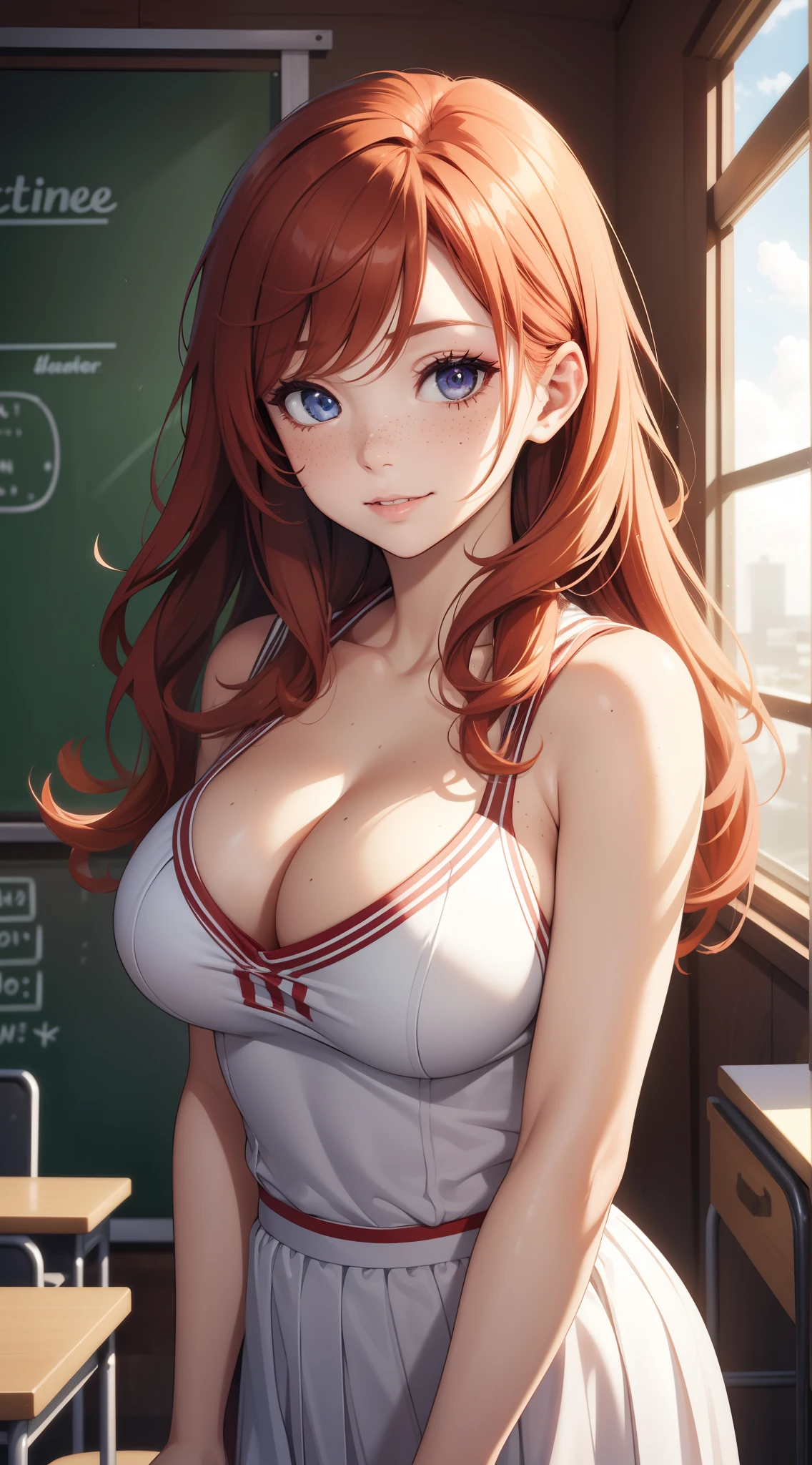 1girl, natural lighting, masterpiece, highly detailed, illustration, game CG, absurdres, high quality, medium breasts, redhead, lightly curled hair, freckles, glossy lips, looking at viewer, smirk, cheerleader, cleavage, classroom