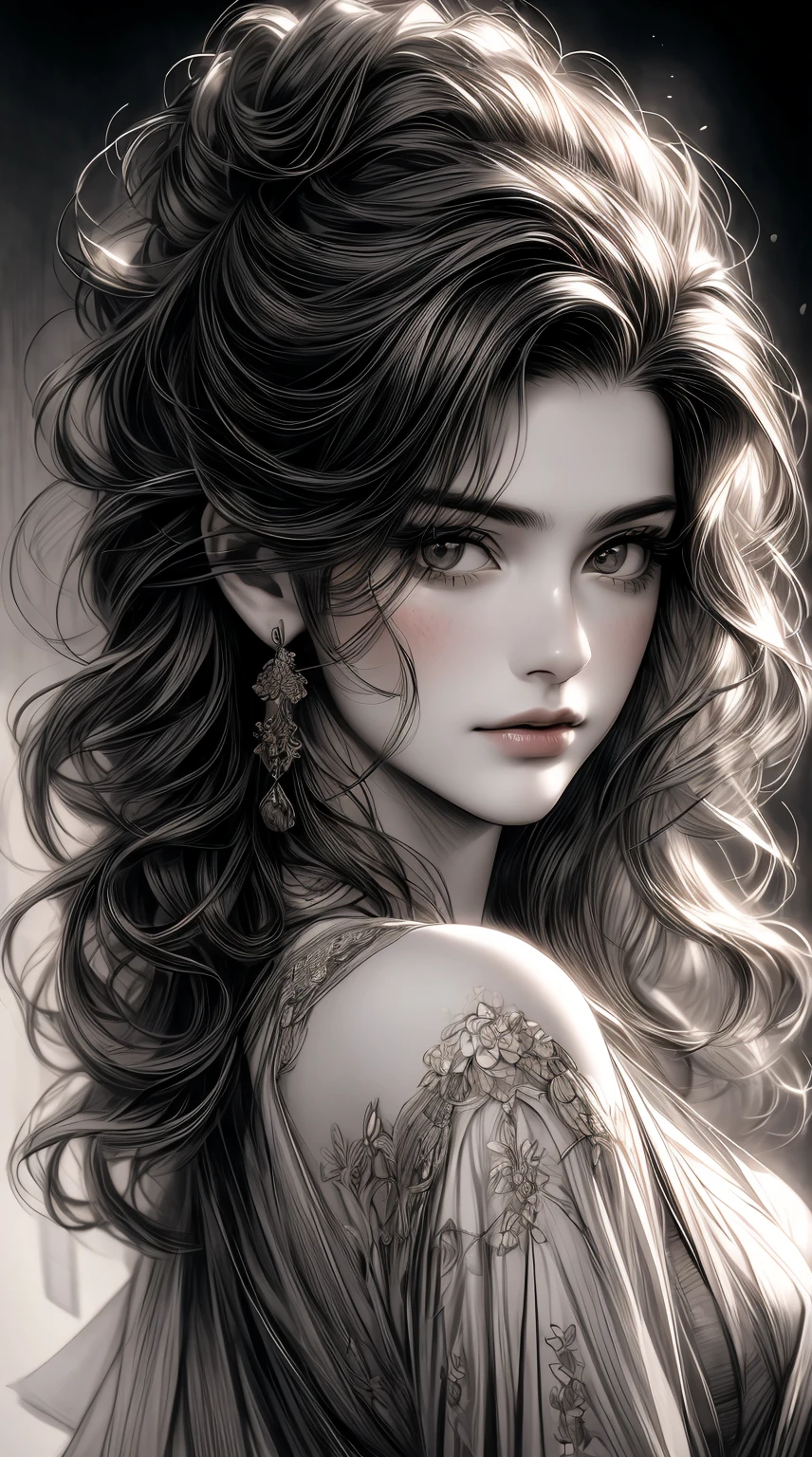 (best quality, highres, realistic:1.37), ultra-detailed, lithography, charcoal sketch, black and white, portrait of a woman, beautiful detailed eyes, beautiful detailed lips, flowing curly hair, delicate facial features, soft lighting, intricate floral patterns, vintage-inspired background, ethereal atmosphere, [gears] subtly incorporated, pipes intertwining with flowers, dieselpunk elements, multi-colored ribbons floating in the air, aged and textured old paper as the canvas, intricate shading and cross-hatching techniques, attention to fine details, masterful depiction of emotions, capturing the woman's inner strength and vulnerability.