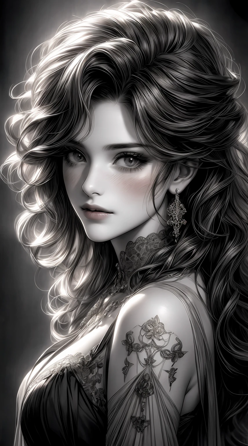 (best quality, highres, realistic:1.37), ultra-detailed, lithography, charcoal sketch, black and white, portrait of a woman, beautiful detailed eyes, beautiful detailed lips, flowing curly hair, delicate facial features, soft lighting, intricate floral patterns, vintage-inspired background, ethereal atmosphere, [gears] subtly incorporated, pipes intertwining with flowers, dieselpunk elements, multi-colored ribbons floating in the air, aged and textured old paper as the canvas, intricate shading and cross-hatching techniques, attention to fine details, masterful depiction of emotions, capturing the woman's inner strength and vulnerability.