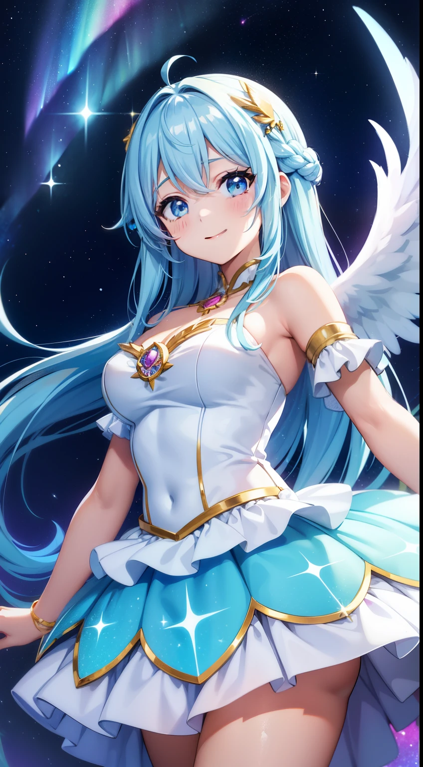 Super Idol a beauty girl A charming smile sky blue hair length hair Twin-tailed Glittery bright pink and white and blue and yellow outfit facing front Angel wings on background Mystical Fantasia constellation a moon Crystal Brilliance Aurora Borealis in the Night Sky