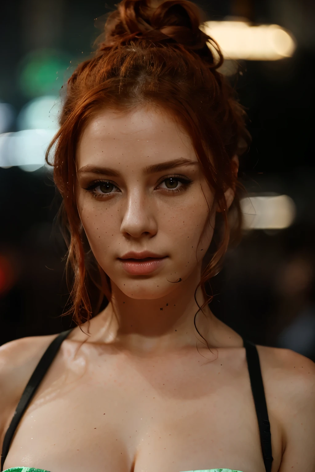 portrait photo of LenkaRegalova beautiful woman, red hair, green eyes, topknot, nightclub, highres, ultra detailed (masterpiece) (best quality) (detailed) (8k) (HDR) (wallpaper) (cinematic lighting) (sharp focus) (intricate) (ultra-detailed background)