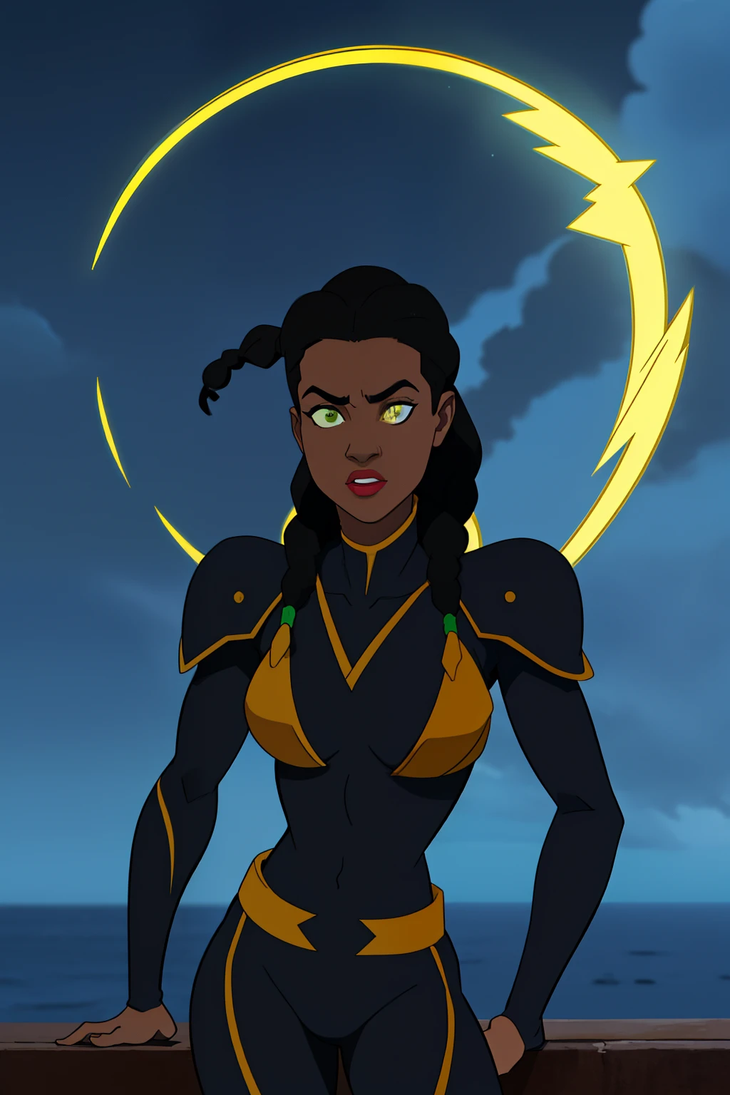 Create an image of a black ninja after an apocalypse in the future afro hair falling forward, Rasta type but braided,tiro de corpo inteiro, tiro de corpo inteiro, , Lightning in the sky, arms extended, olhando para frente, parado no topo de uma montanha, manto e capa vermelhos, cruz brilhante no ar. ,Arte Luz Neon, no escuro da noite, Um navio alto navega pelos mares iluminados pela ,....lua, estrelas, Colouring, circunstanciado, 4k