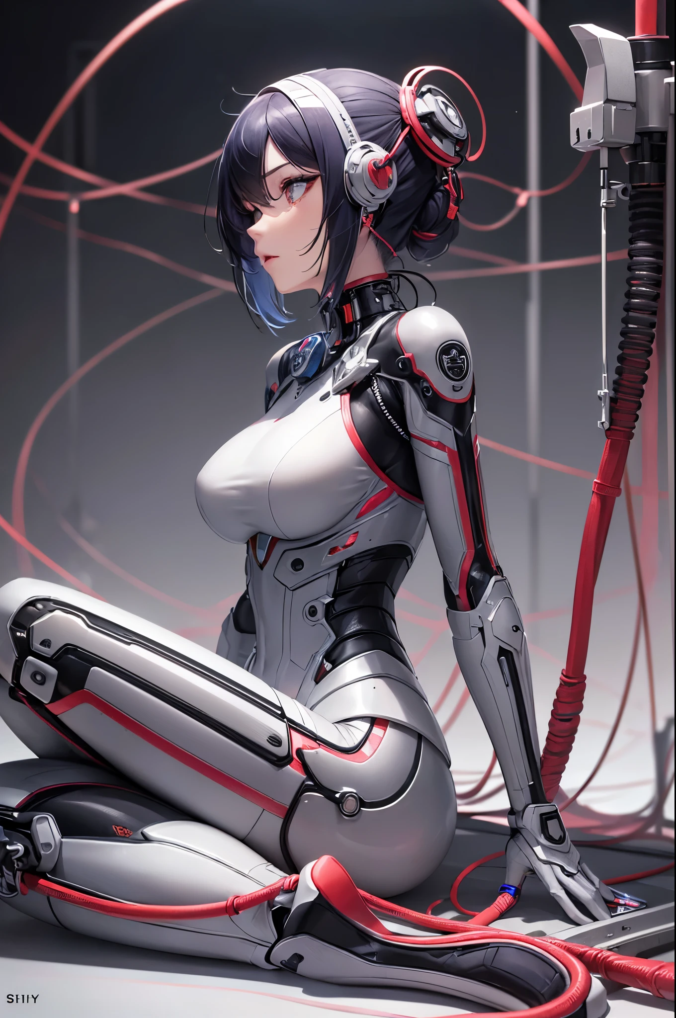 (((masutepiece))), (((Best Quality))), ((Ultra-detailed)), (High Definition CG Illustration), ((extremely delicate and beautiful)),(From Side),Cinematic Light,((1mechanical girl)),Solo,Full body,(Machine-made joints:1.2),((Mechanical marginal vessels connected to tubes),(mechanical vertebra attaching to the back),((mechanical cervial attaching to neck)),(Sitting),deadpan,(wires and cables attaching to neck:1.2),(wires and cables on head:1.2)(Character Focus),Science fiction,White background, ighly detailed,Colorful,highest details